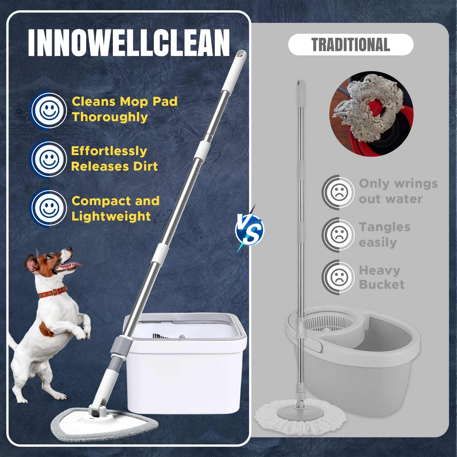 VENETIO Innowellclean Triangle Spin Mop and Bucket Set with Self-Cleaning, Dry & Wet 3-in-1 Dirty Separation System | Microfiber Floor Mop for Hardwood, Laminate & Tile Floors | Perfect for Home, Kitchen & Office Cleaning