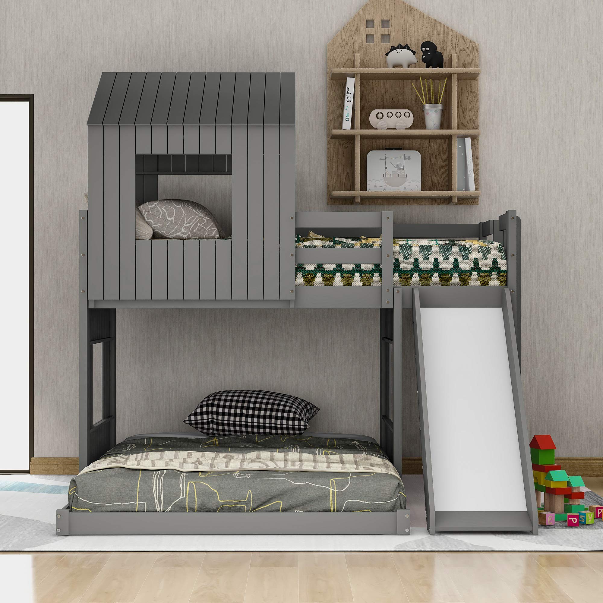 Quarte Twin Over Full Bunk Bed with Slide & Ladder - Solid Wood Loft Bed Frame with Playhouse, Farmhouse Design & Safety Guardrails - Perfect for Teens, Kids, Toddlers, Boys & Girls (Gray-9) - Ideal for Small Bedrooms, Kids' Rooms & Shared Spaces