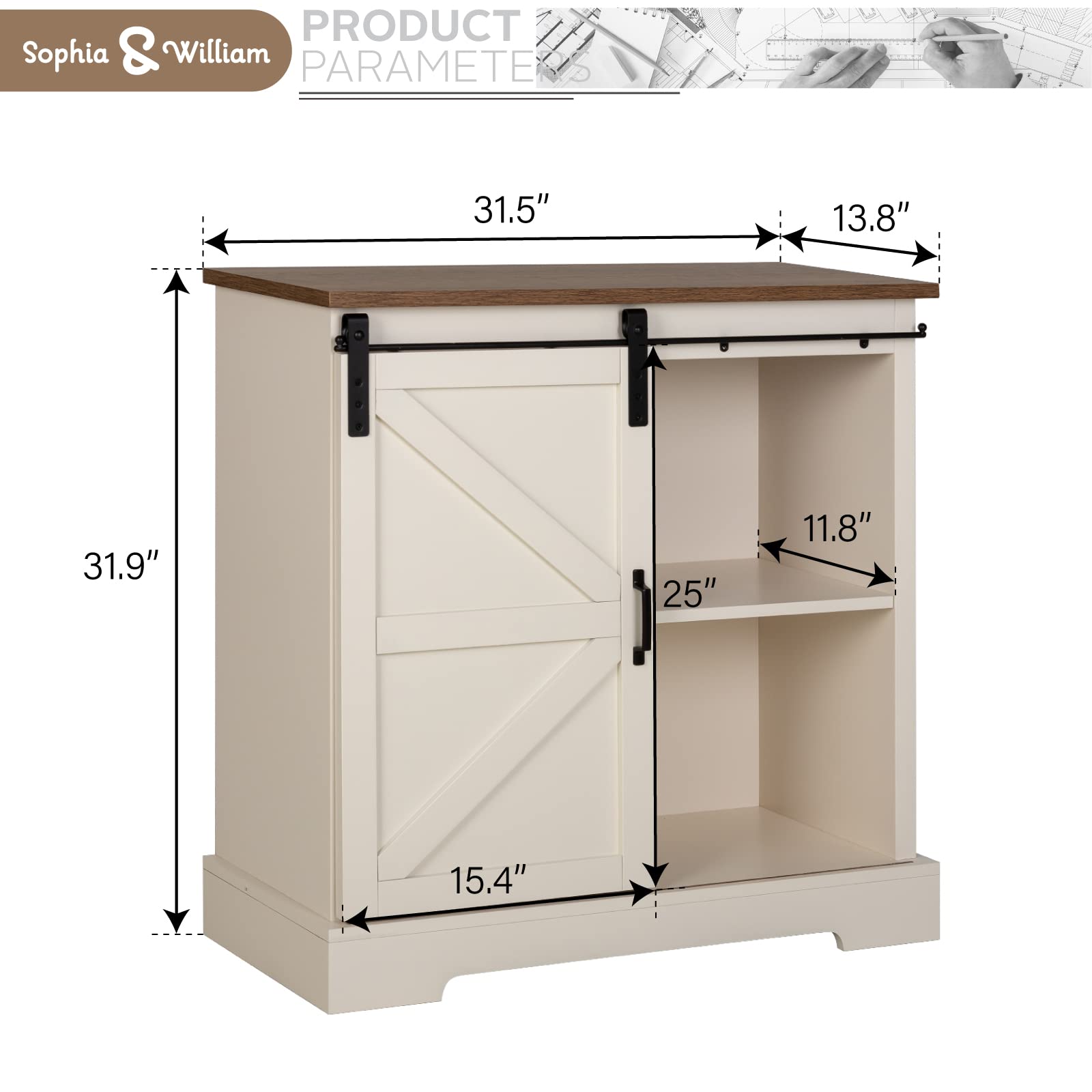 Sophia & William Farmhouse Coffee Bar Cabinet - Kitchen Buffet Storage with Sliding Barn Door, Ivory White - Perfect for Dining Room, Living Room & Home Bar Decor