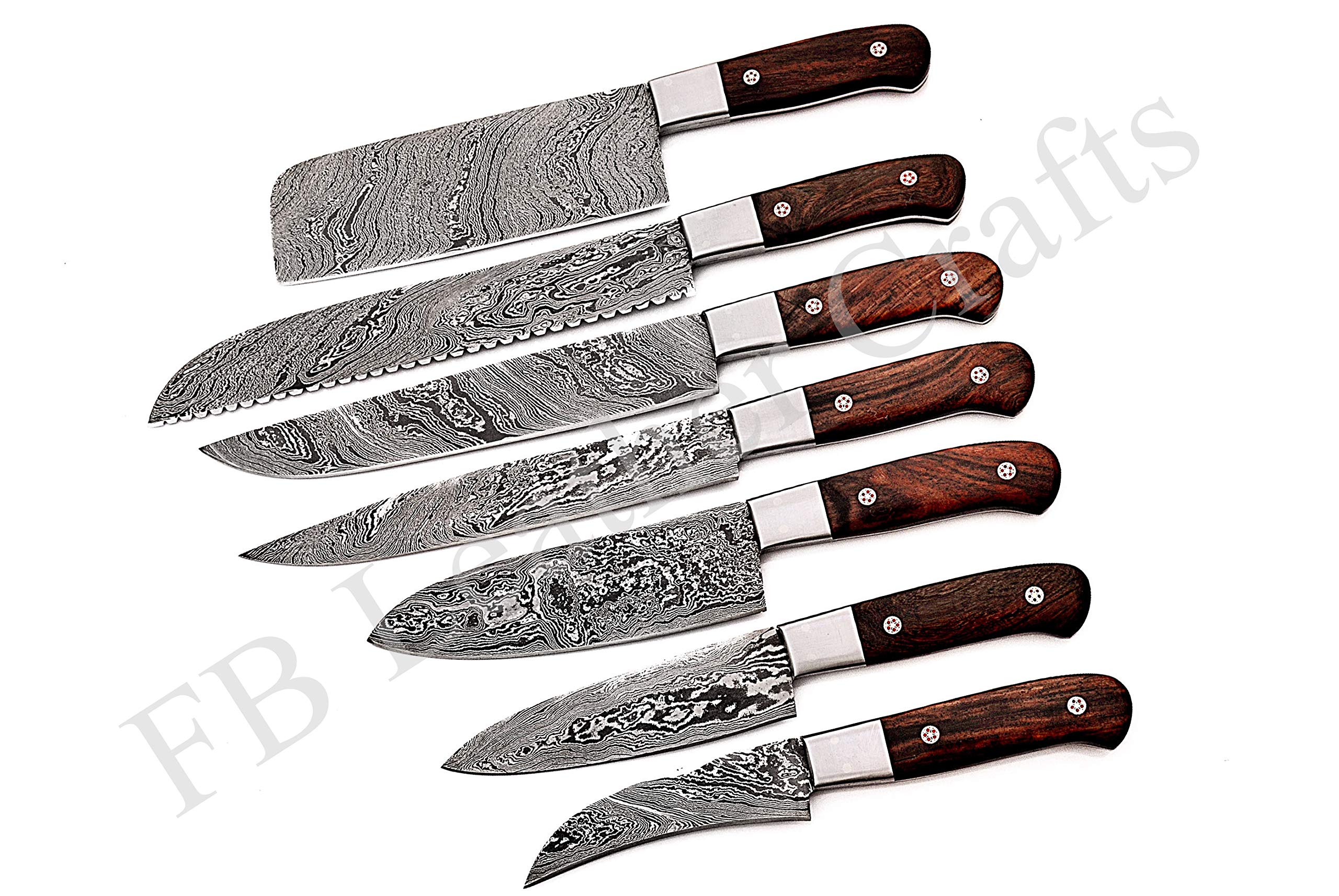Premium Damascus Steel Kitchen Knives Set - 7-Piece Handcrafted Chef Knife Collection with Rosewood Handle (FBK-1097) - Perfect for Professional Chefs & Home Cooking Enthusiasts