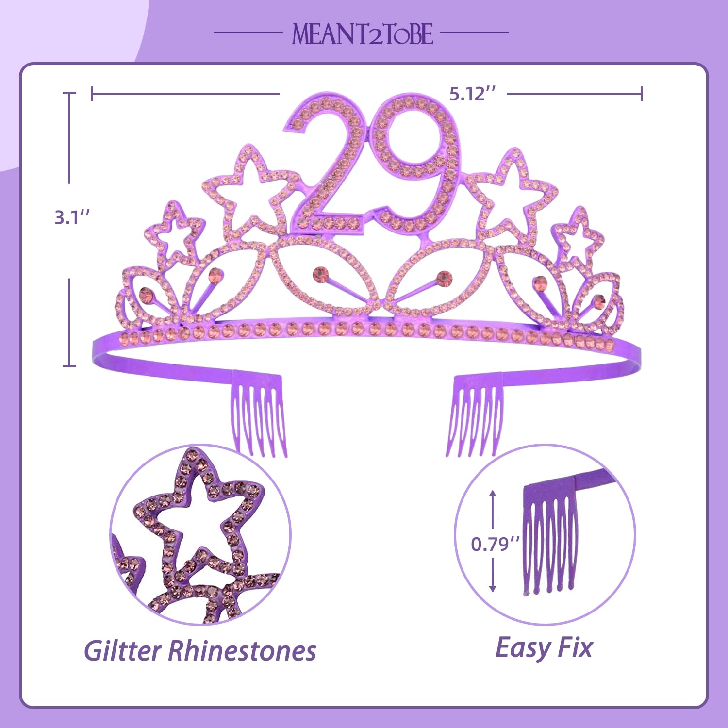 MEANT2TOBE 29th Birthday Sash & Tiara Set for Women - Sparkling Glitter Sash with Rhinestone Stars & Elegant Purple Metal Tiara | Perfect 29th Birthday Gift for Parties, Bachelorette, Girls Night Out & Special Celebrations
