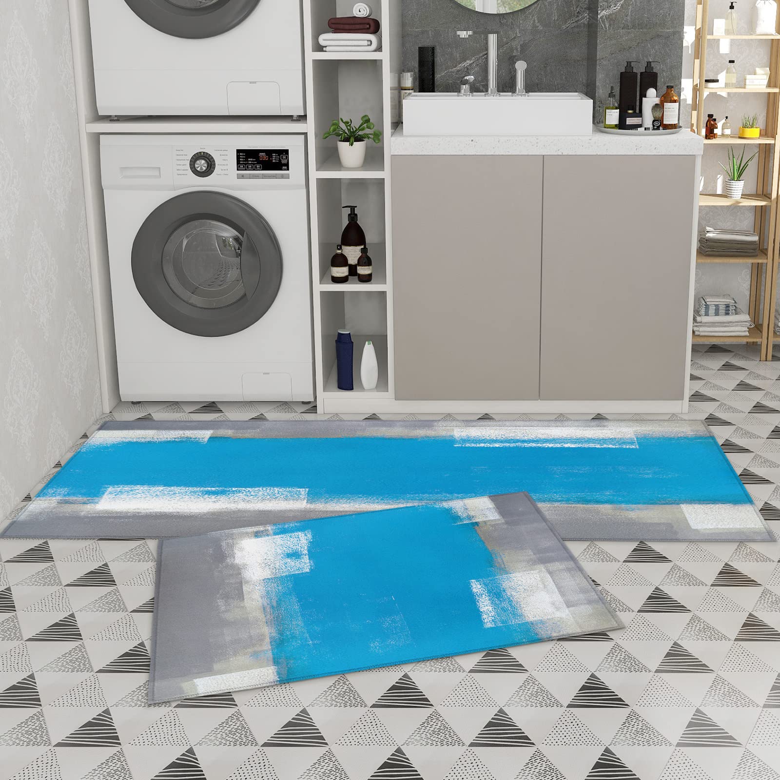 LooPoP Abstract Pattern Anti-Fatigue Kitchen Mats Set - 2 Piece Non-Slip Cushioned Floor Rugs, Washable Gray & Blue Oil Painting Design - Perfect for Kitchens, Entryways & High-Traffic Areas