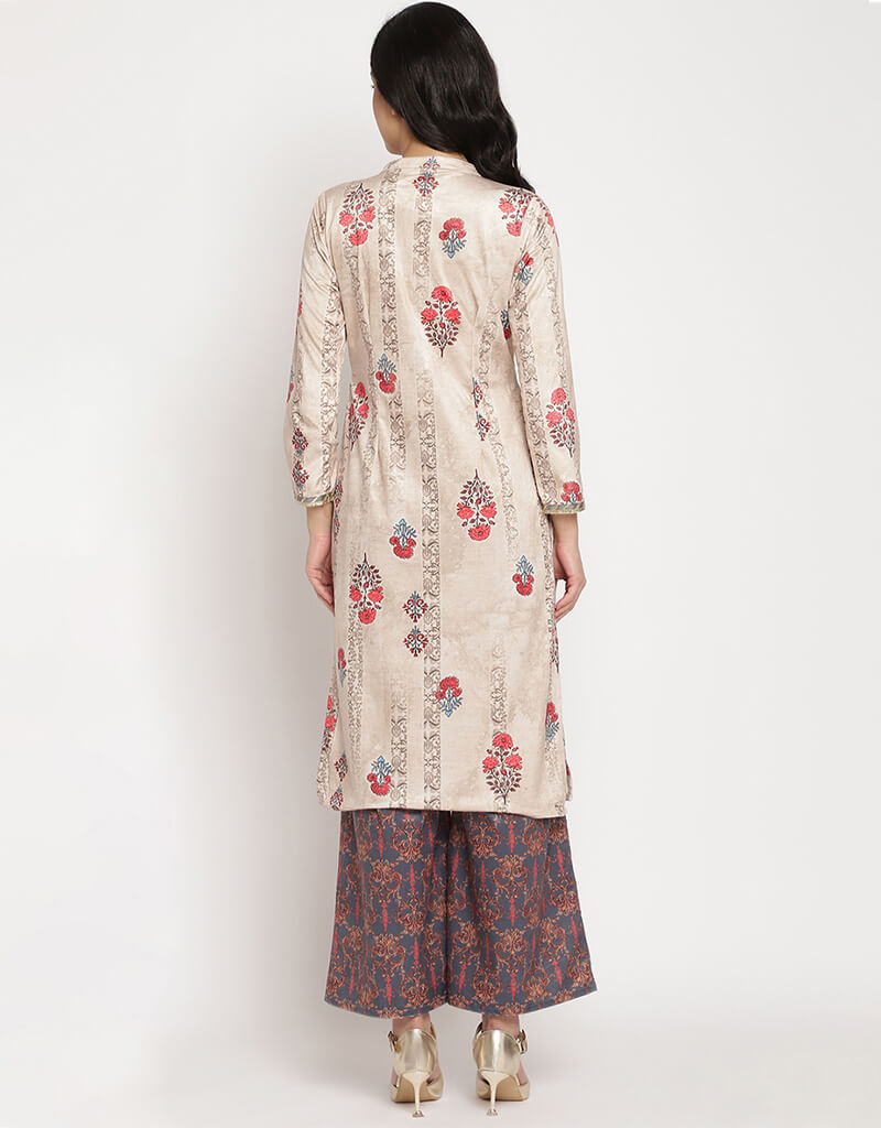 Beige Velvet Salwar Suit with Palazzo Pants - Elegant Indian Ethnic Outfit for Women | Perfect for Weddings, Parties & Festive Occasions
