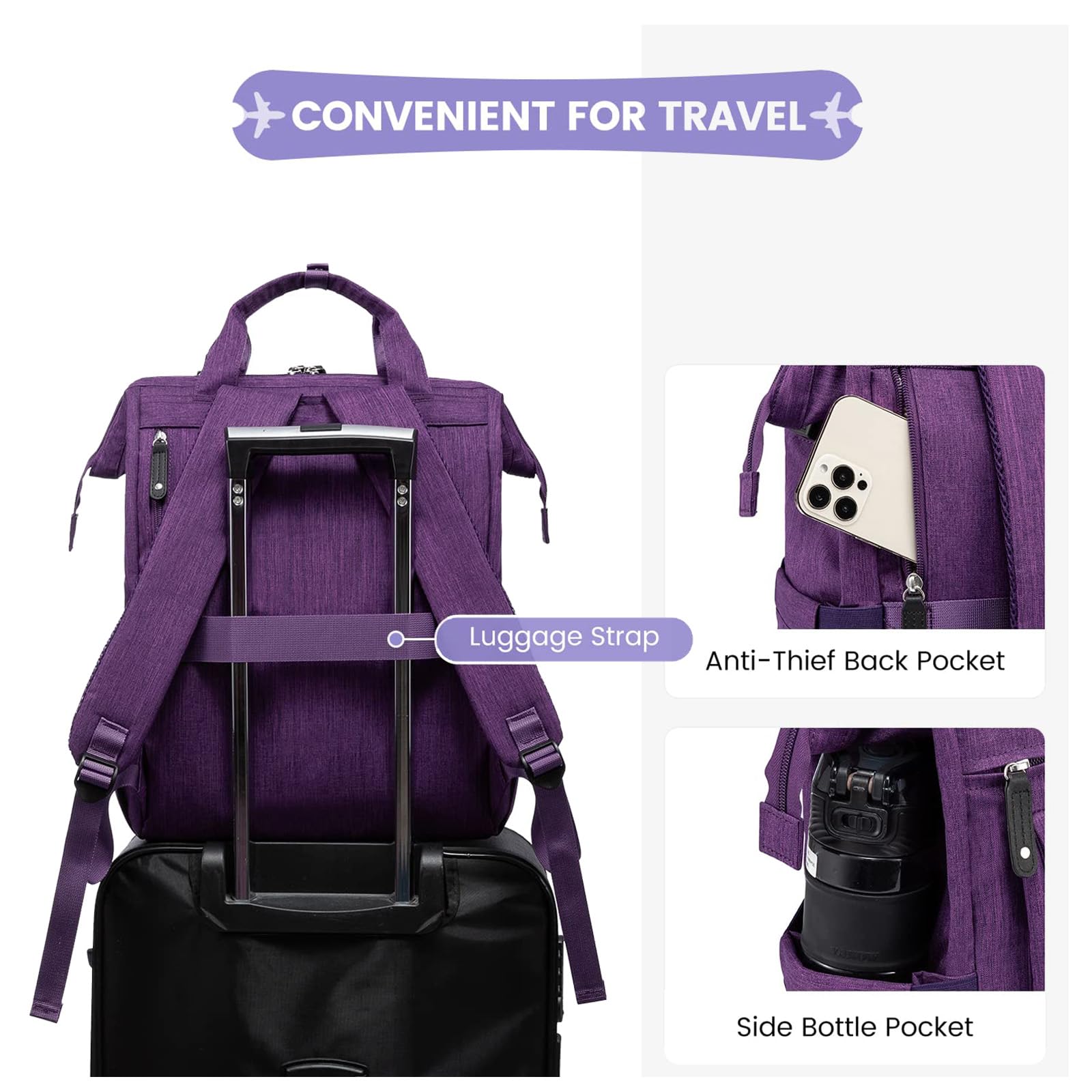 LOVEVOOK 15.6 Inch Women's Laptop Backpack with USB Charging Port - Waterproof Travel Backpack for Work, School, Nursing - Perfect for Teachers, Students & Professionals - Stylish Purple Computer Bag for Daily Commute & Business Trips