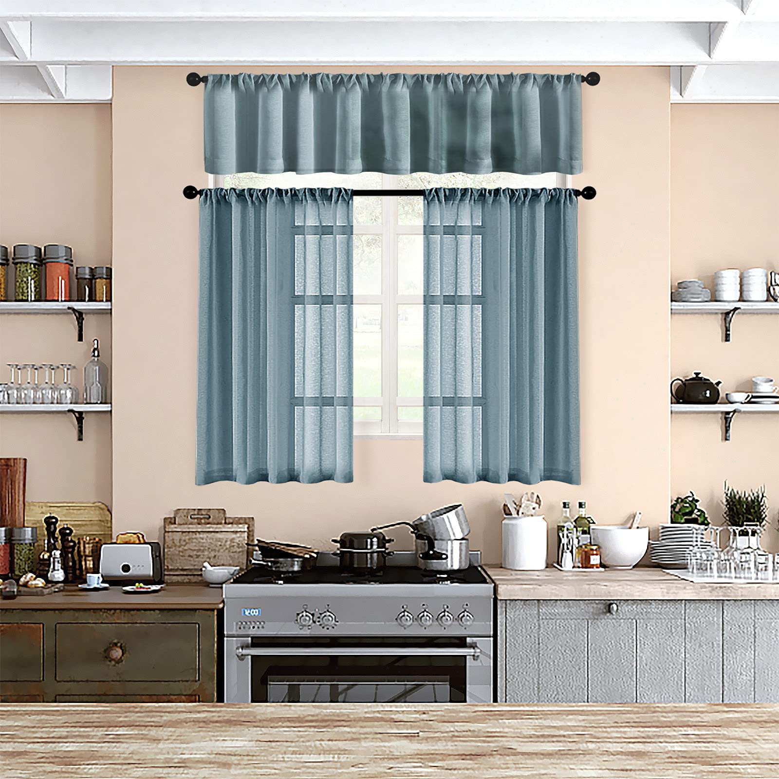MRTREES Sheer Tier Curtains Blue Haze - Light Filtering Short Kitchen Window Treatments (36 Inch Length, Rod Pocket, 2 Panels) - Perfect for Bathroom, Cafe & Half Windows - Soft Privacy & Natural Light Control