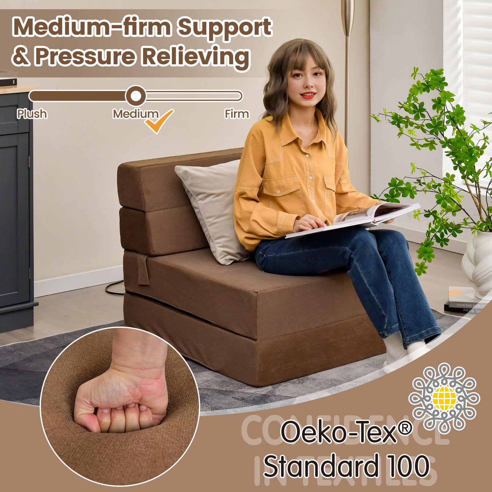 Casart Tri-Fold Sofa Bed - Portable Folding Foam Sleeper with Washable Cover, Guest Chaise Lounge & Padded Cushion - Coffee Color - Perfect for Small Spaces, Guest Rooms & Apartments