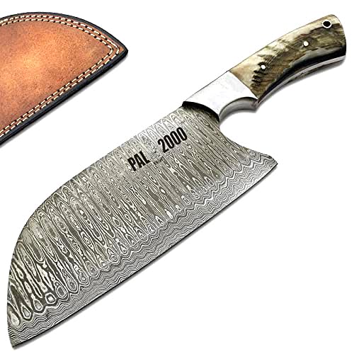 Handmade Damascus Steel Cleaver - Professional Butcher Knife & Serbian Chef Knife with Full Tang & Leather Sheath - Perfect for Meat Cutting, Chopping & Kitchen Prep
