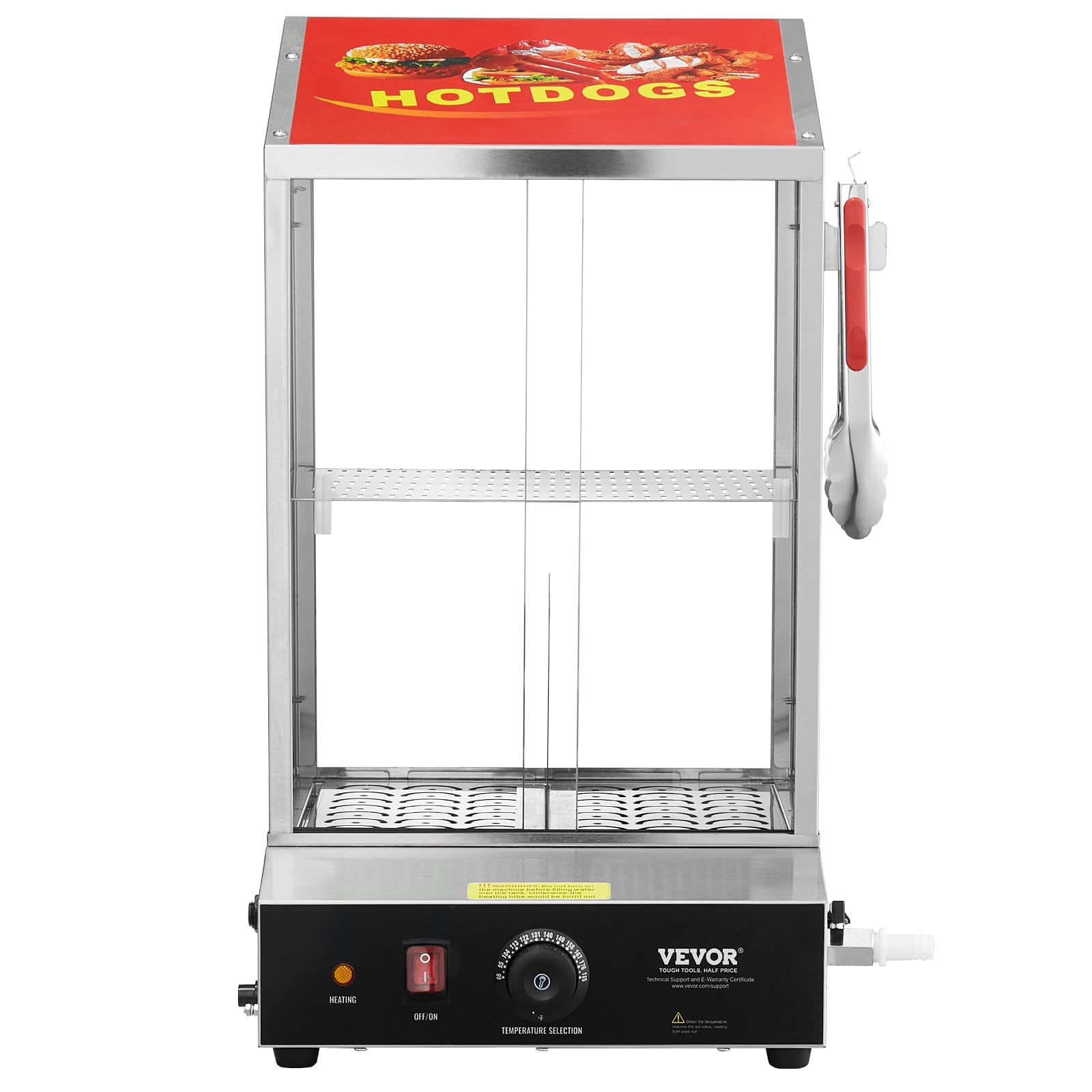 VEVOR 39QT Commercial Hot Dog Steamer - 2-Tier Electric Bun Warmer with Temperature Control (86°F-185°F), Stainless Steel Hot Dog Machine with Tempered Glass Doors & Serving Tools - Perfect for Hot Dog Stands, Food Trucks, and Restaurant Kitchens