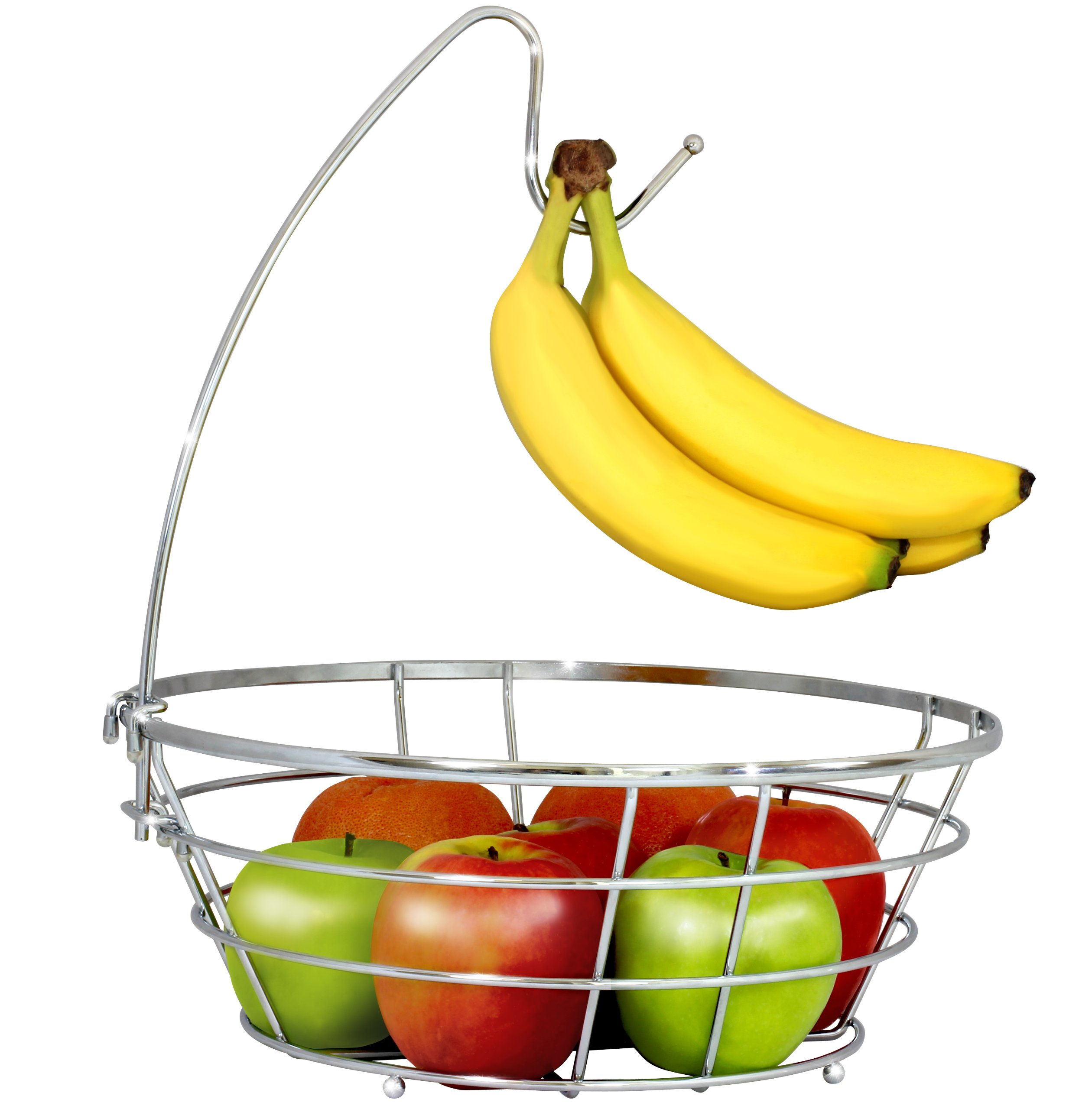 DecoBros Wire Fruit Basket with Banana Hanger - Chrome Finish Fruit Bowl for Kitchen Countertop, Dining Table, and Pantry Organization