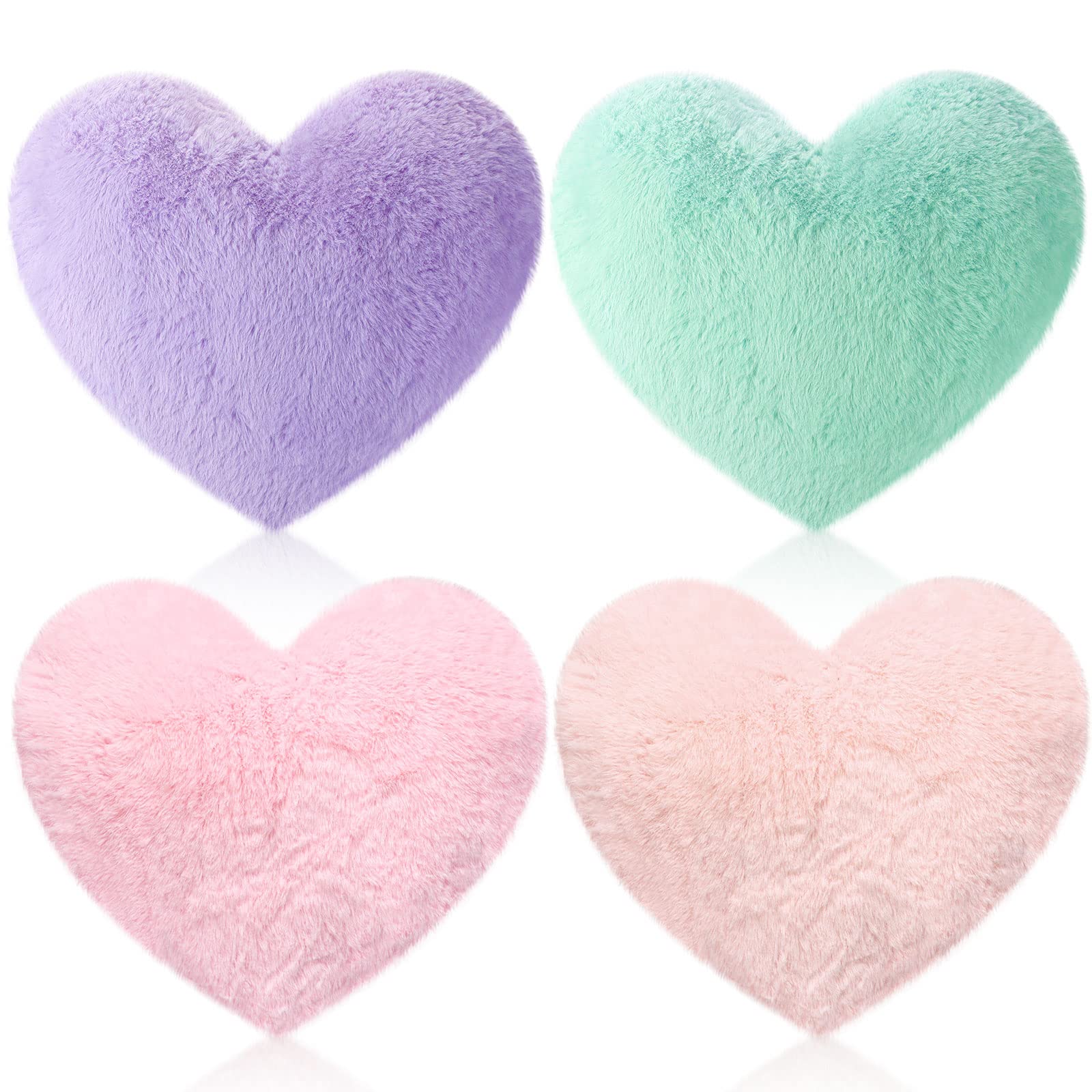 Remerry 4-Piece Heart Shaped Faux Rabbit Fur Throw Pillows - Soft Fluffy Decorative Cushions for Bedroom, Sofa, Kids Room & Girls Sleepover (Bright Colors) - Perfect for Cozy Home Decor & Gift Giving