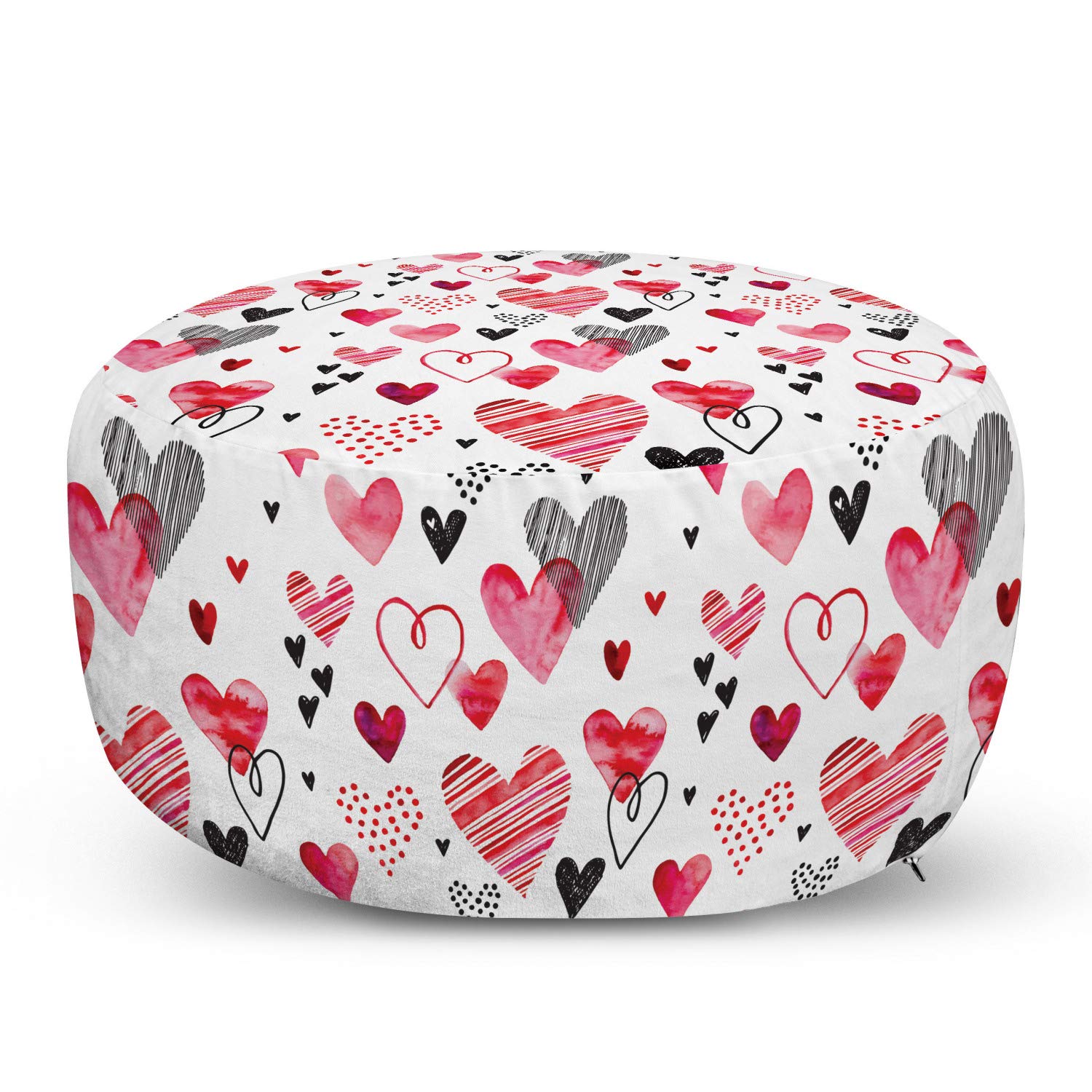 Ambesonne Valentine Ottoman Pouf - Heart-Shaped Watercolor Striped Foot Rest with Removable Cover, Soft Decorative Pouf for Living Room & Bedroom - Pink, Black & White - Perfect for Romantic Decor, Cozy Seating & Extra Foot Support