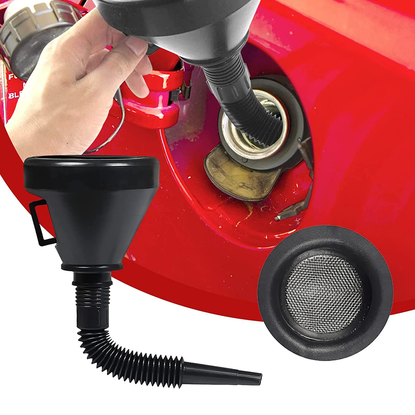 Wide Mouth Fuel Funnel with Handle & Filter - Splash-Proof Automotive Gas Funnel, Spill Saver Multi-Purpose Funnel for Cars, Trucks, Motorcycles - Thickened Flexible Spout Extension for Easy Oil & Fluid Transfer