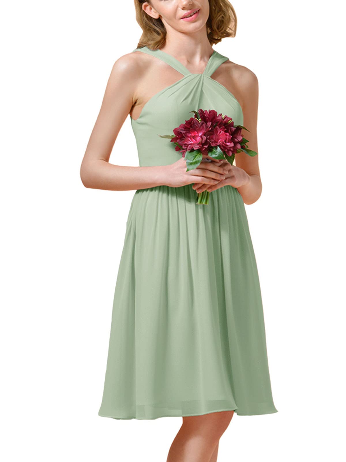Elegant Y-Neck Chiffon Bridesmaid Dress - Short Formal Party Homecoming Gown for Women & Girls | Perfect for Weddings, Proms, and Special Occasions