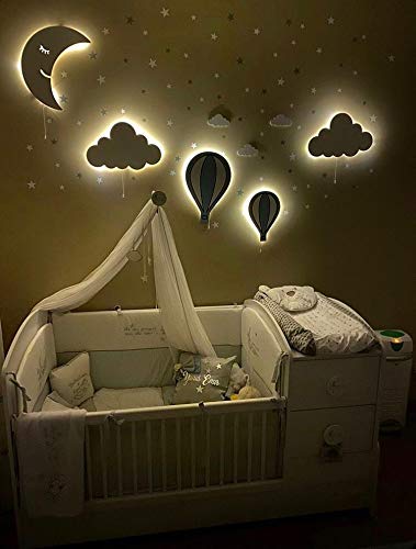 Wooden LED Night Light Set of 5 - Light Blue Nursery Wall Decor for Boys & Kids Bedroom | Safe & Soothing Lighting for Bedtime, Playroom, and Children's Room