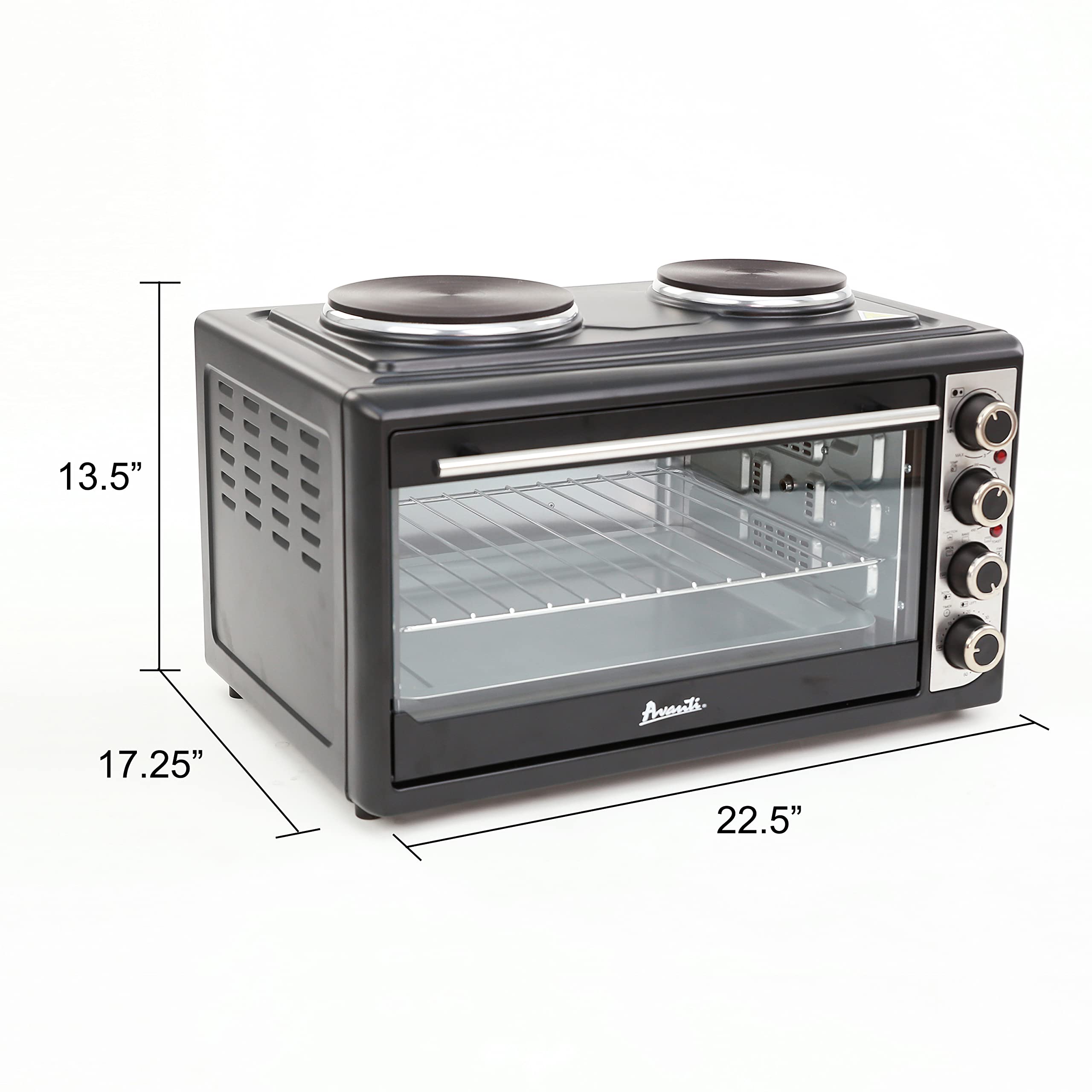 Avanti Portable Convection Oven with Rotisserie & Dual Burner Cooktop - 1.4 Cu.Ft Countertop Oven with 60-Min Timer, Auto Shut-Off - Perfect for Small Kitchens, Camping & Outdoor Cooking (Black)