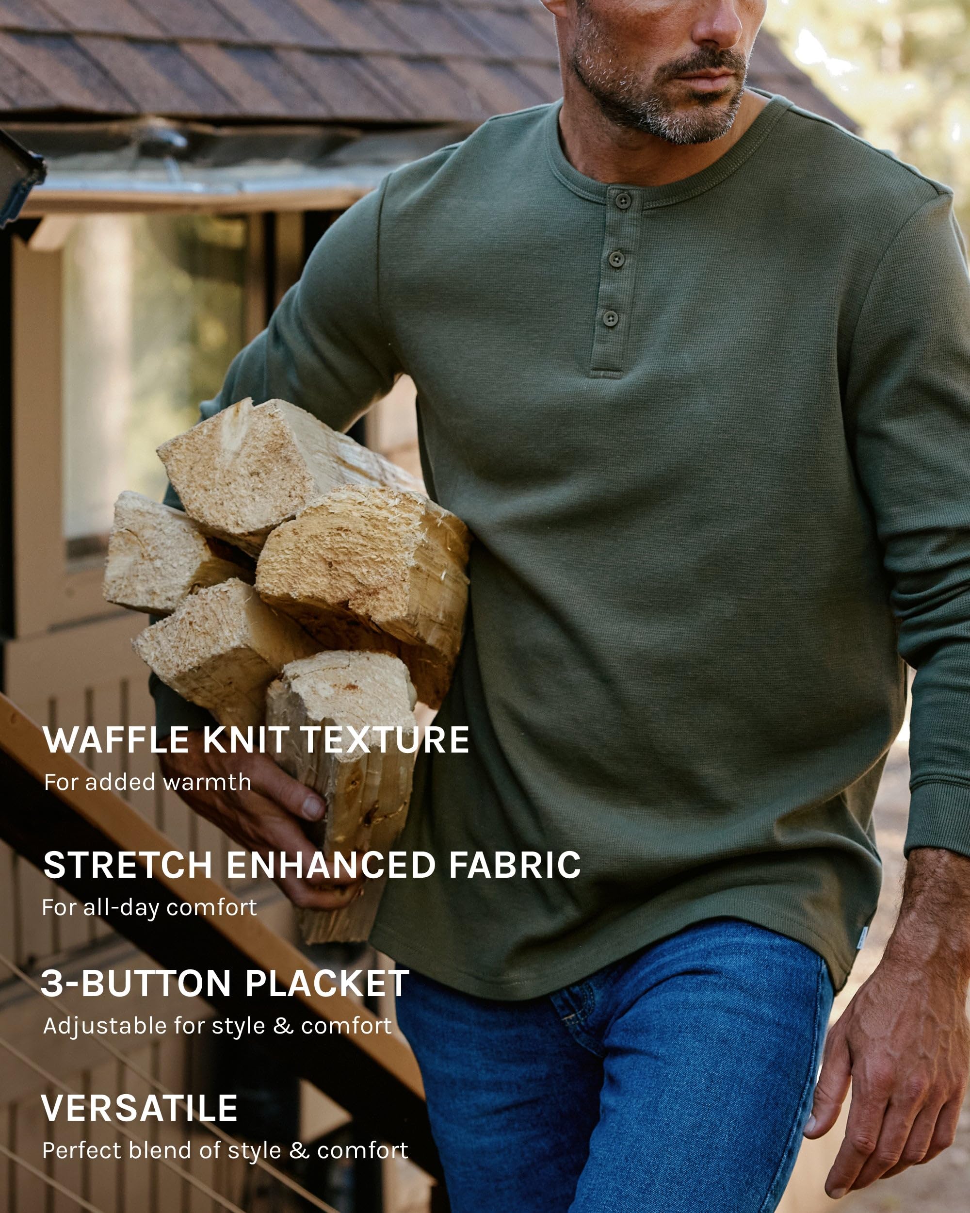 INTO THE AM Men's Long Sleeve Waffle Henley Shirt - Soft Thermal Cotton Fall & Winter Shirt (S-4XL) | Cozy Casual Wear for Outdoor Activities & Layering