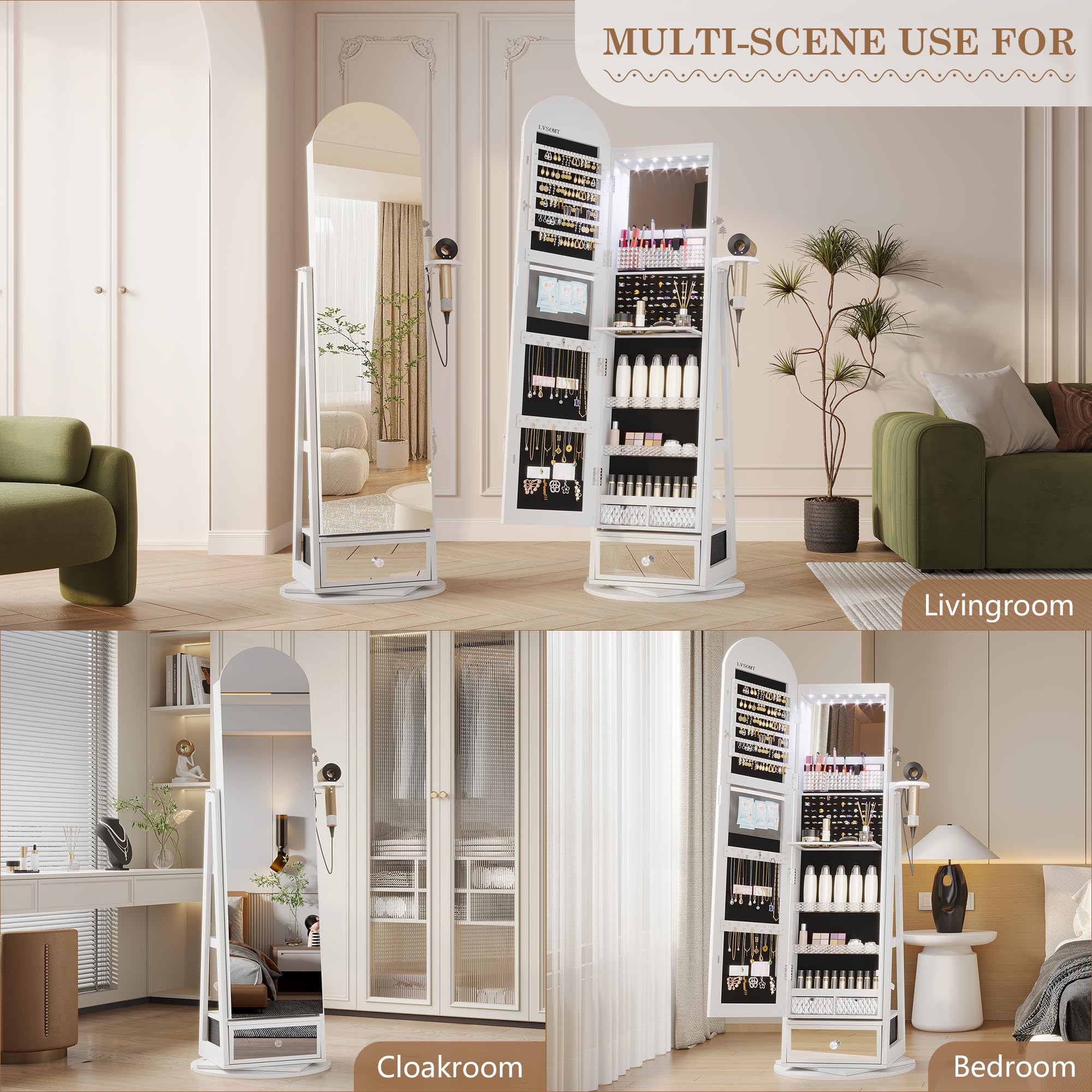 360° Swivel Arched Jewelry Mirror Cabinet with LED Lights - 64