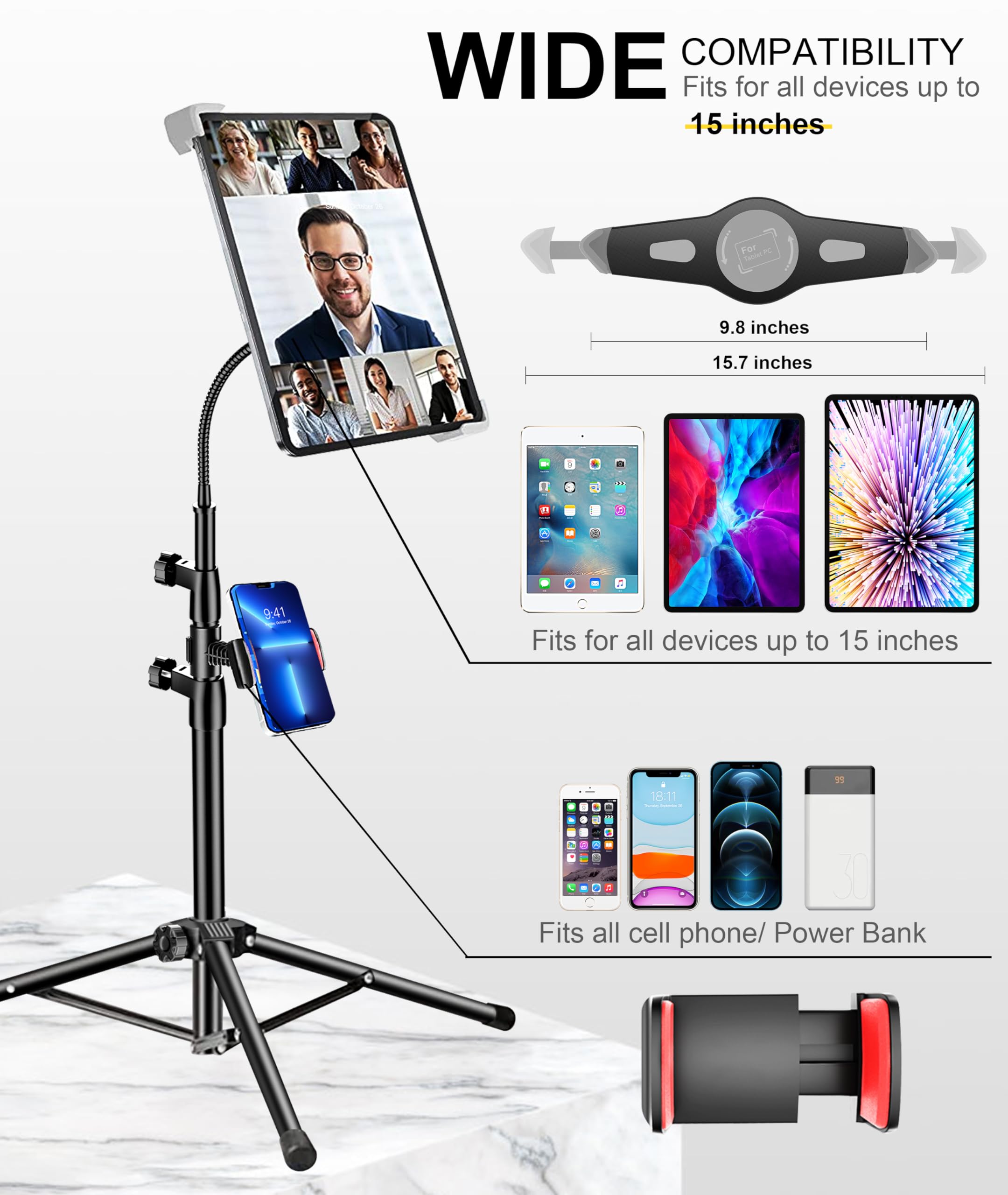 Adjustable Metal Gooseneck iPad Tripod Stand with 2 Holders - Compatible with iPad Pro 12.9, iPad Air, iPad Mini, Samsung Galaxy Tab & All 9.7-15 inch Tablets/Phones - Perfect for Home Office, Video Calls, Reading & Photography