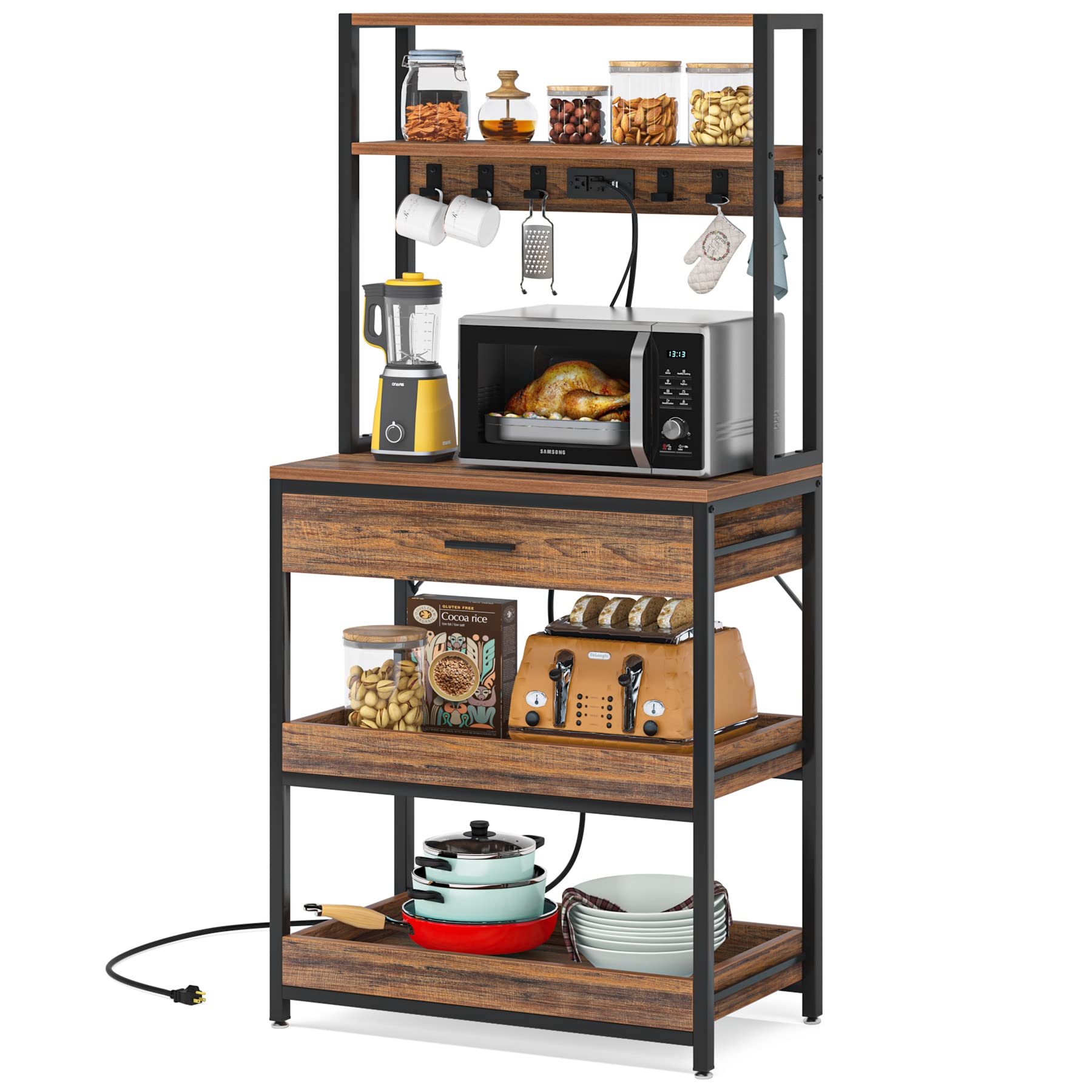 Tribesigns 5-Tier Kitchen Bakers Rack with Power Outlets & Drawer - Freestanding Microwave Stand with Sliding Shelves, Coffee Bar & 6 Hooks - Rustic Brown Kitchen Storage Shelf for Small Spaces, Apartments & Home Organization