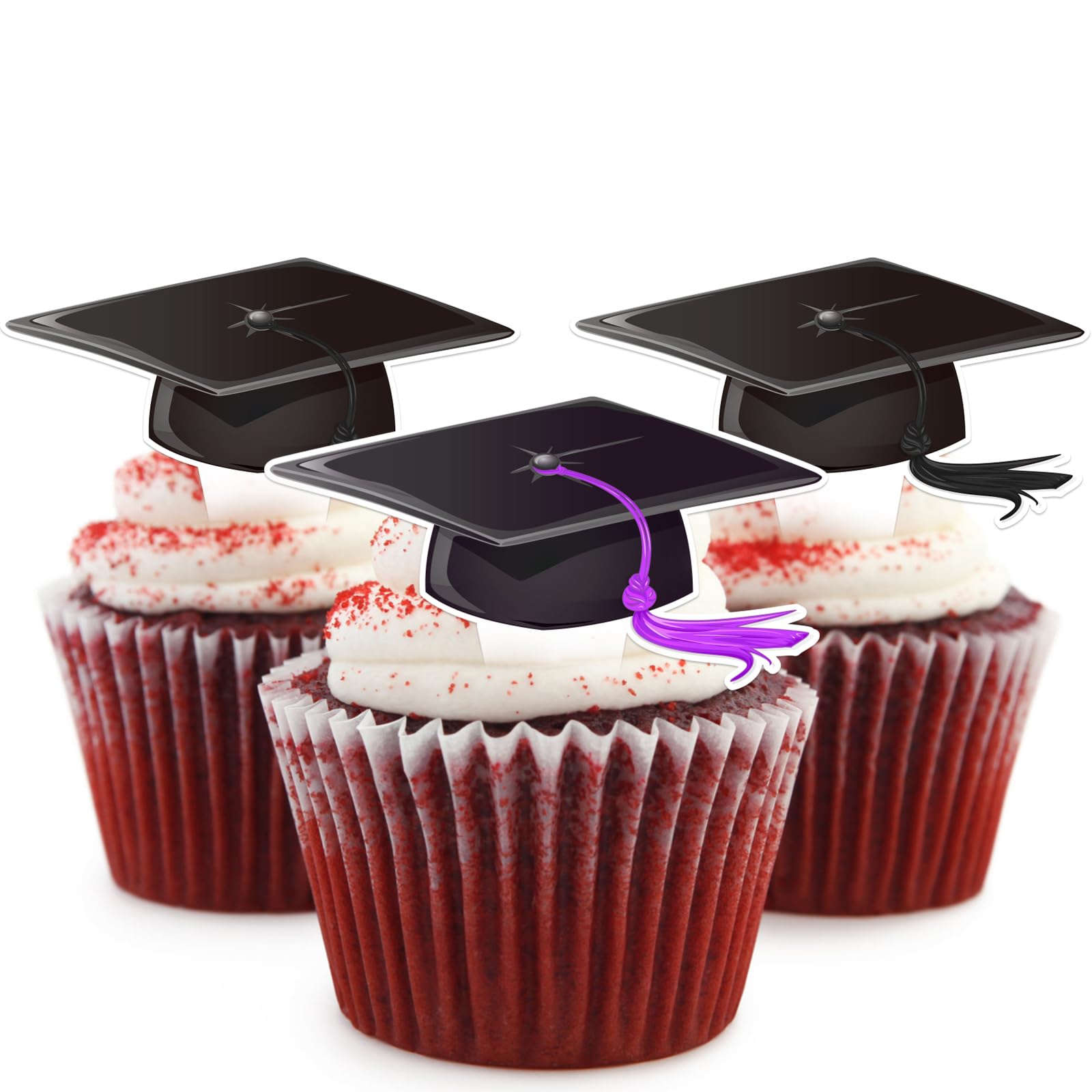 48Pcs Graduation Cap Cupcake Toppers - Black & Purple Tassel Decorations for Class of 2024 Graduation Cakes - Perfect for Graduation Parties, School Celebrations & Dessert Table Decor