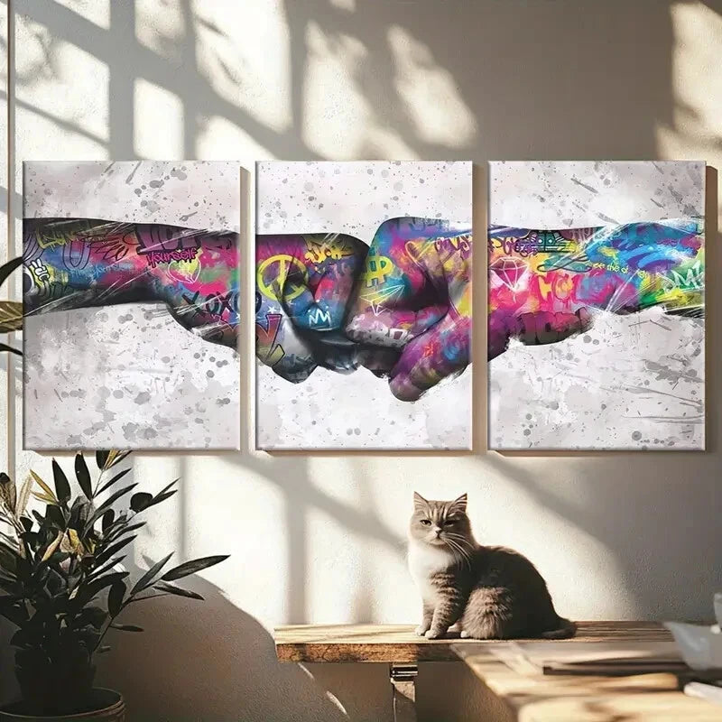 3-Piece Graffiti Fist Metal Wall Art Prints - Ready to Hang Urban Decor for Living Room, Bedroom & Office