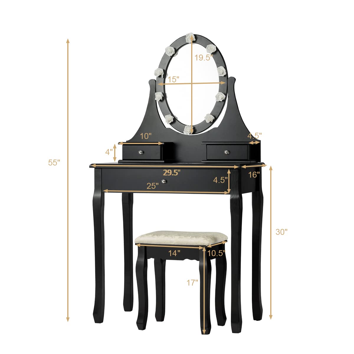 Giantex Modern Vanity Set with Lighted Mirror & Cushioned Stool - 10 Rose LED Lights, 3 Drawers, 360° Rotating Mirror - Dressing Table Makeup Desk for Bedroom, Home Decor (Black) | Perfect for Makeup Application, Skincare Routine & Bedroom Organization