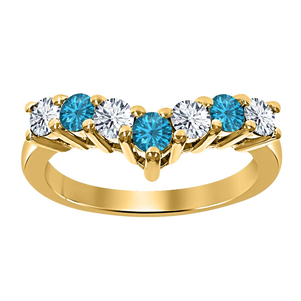 14K Yellow Gold Plated Sterling Silver Round White Diamond & London Blue Topaz Half Eternity Ring for Women - Elegant Wedding Band, Anniversary Gift, Engagement Jewelry