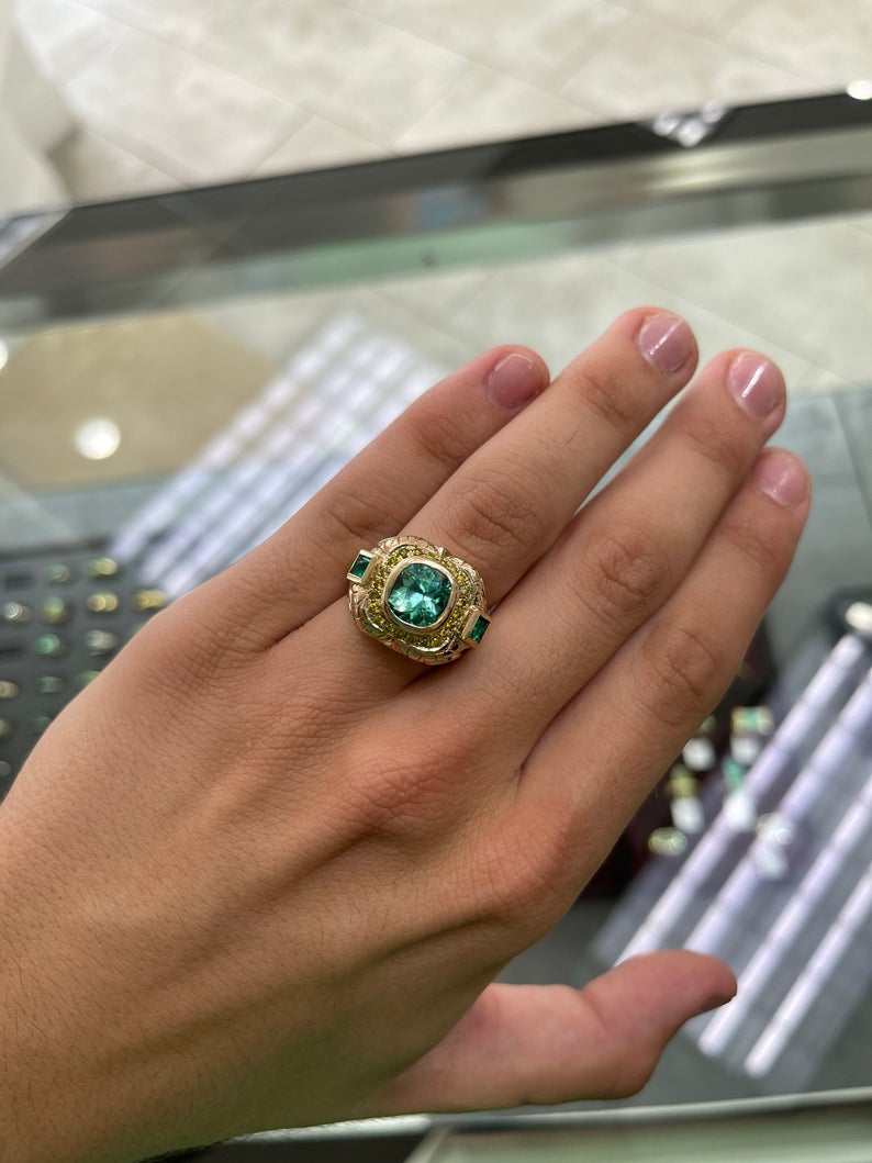 4.18tcw 14K Gold Colombian Emerald Cushion Cut & Princess Cut Yellow Diamond Accent Men's Ring for Wedding, Engagement & Special Occasions