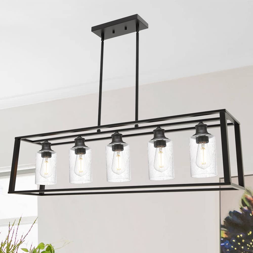 5-Lights Modern Linear Chandelier - Black Industrial Kitchen Island Lighting with Seeded Glass for Dining Room, Farmhouse Ceiling Pendant Lights Over Table | Perfect for Kitchen Islands, Dining Areas, and Open Concept Spaces
