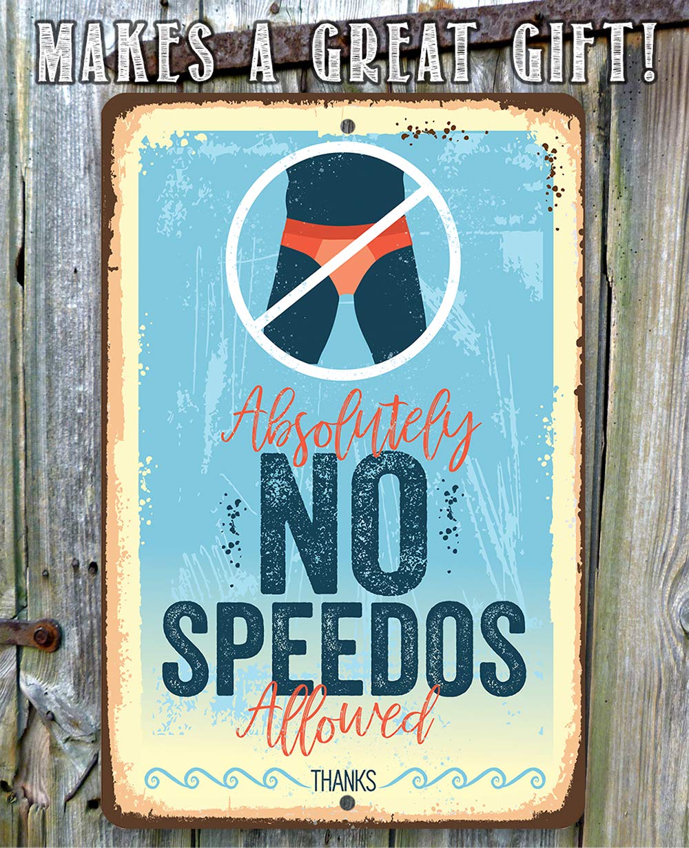 Funny No Speedos Allowed Pool Sign - 12x18 Inch Durable Metal Swimming Pool Rules Sign for Outdoor & Indoor Decoration, Above Ground Pool Accessories - Perfect for Backyard, Beach Clubs & Pool Parties