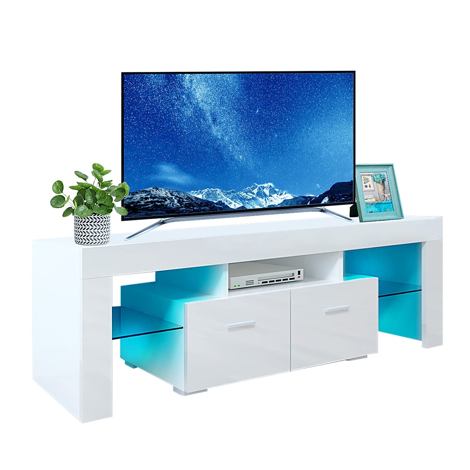 BNSPLY 55 Inch TV Stand with LED Lights - Modern Smart TV Cabinet for Living Room, High Gloss White Entertainment Center with Storage Shelves & 2 Drawers - Perfect for Home Theater, Gaming Setup & Living Room Decor