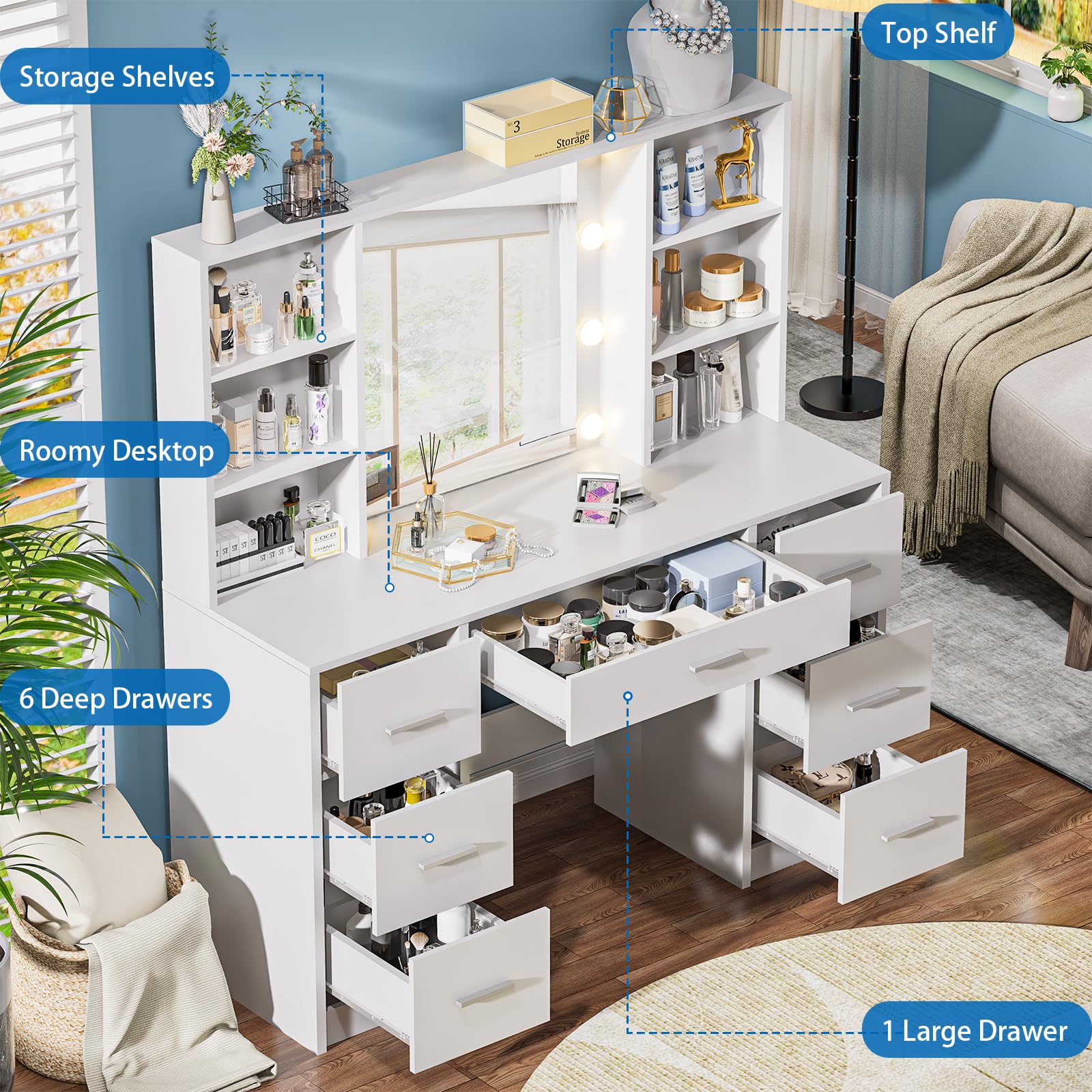 Large Vanity Desk with Mirror & 10 LED Lights - Makeup Dressing Table with Power Outlet, 7 Drawers & 6 Storage Shelves - 3 Lighting Modes - White Vanity Table for Bedroom, Home Decor & Beauty Room Organization
