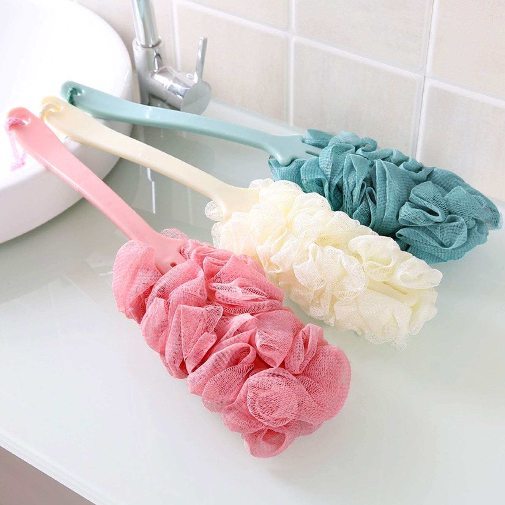 4 Pack Long Handle Shower Brushes - Soft Nylon Mesh Back Scrubber & Exfoliating Loofah Sponge for Men & Women - Perfect for Wet Bath, Body Cleansing & Skin Exfoliation (Green) - Ideal for Shower, Bathroom & Spa Use