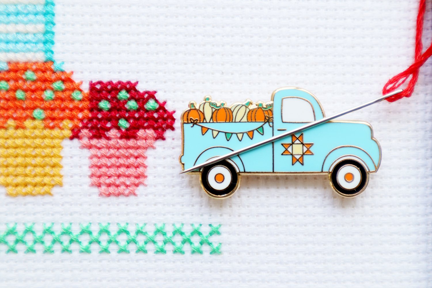 Flamingo Toes Fall Pumpkin Truck Needle Minder - Magnetic Needle Keeper for Embroidery, Cross Stitch & Sewing Projects - Perfect for Crafting, DIY & Quilting