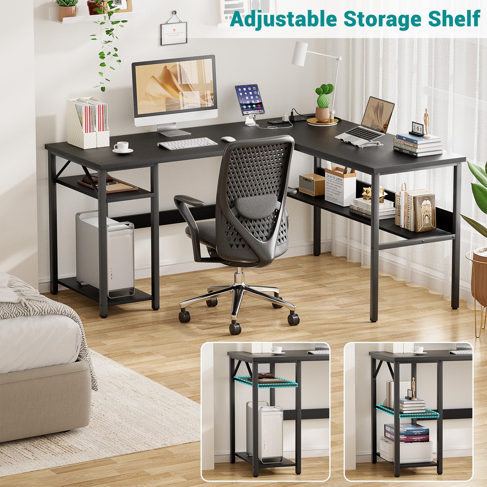 Reversible L-Shaped Computer Desk with Power Outlets & USB Ports - Sturdy Corner Desk with Storage Shelf - Modern Home Office & Gaming Desk - Easy Assembly - Black - Perfect for Small Spaces, Workstations & Gaming Setups