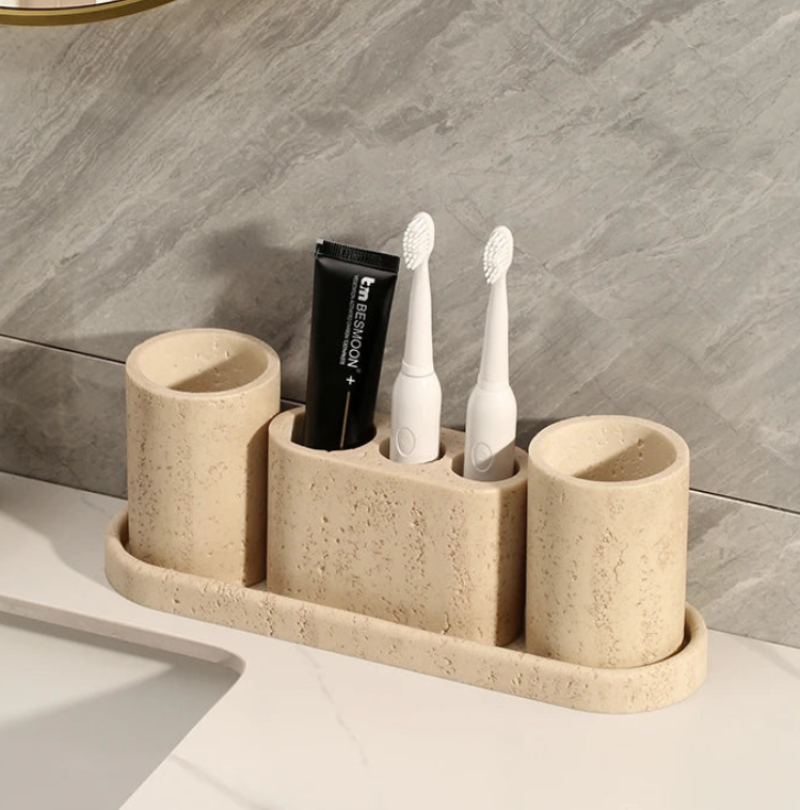 Natural Travertine Cave Stone Bathroom Accessories Set - Soap Dispenser, Toothbrush Holder & Tumbler - Spa Style Home Decor for Modern Bathrooms, Luxury Hotel Style Upgrade