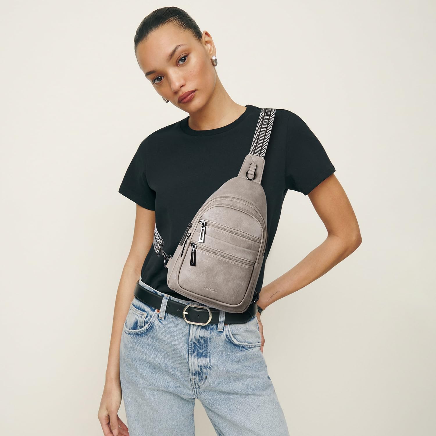Stylish Vegan Leather Crossbody Sling Bag for Women - Light Grey Fanny Pack Shoulder Purse Backpack for Travel, Gym, Hiking & Daily Use