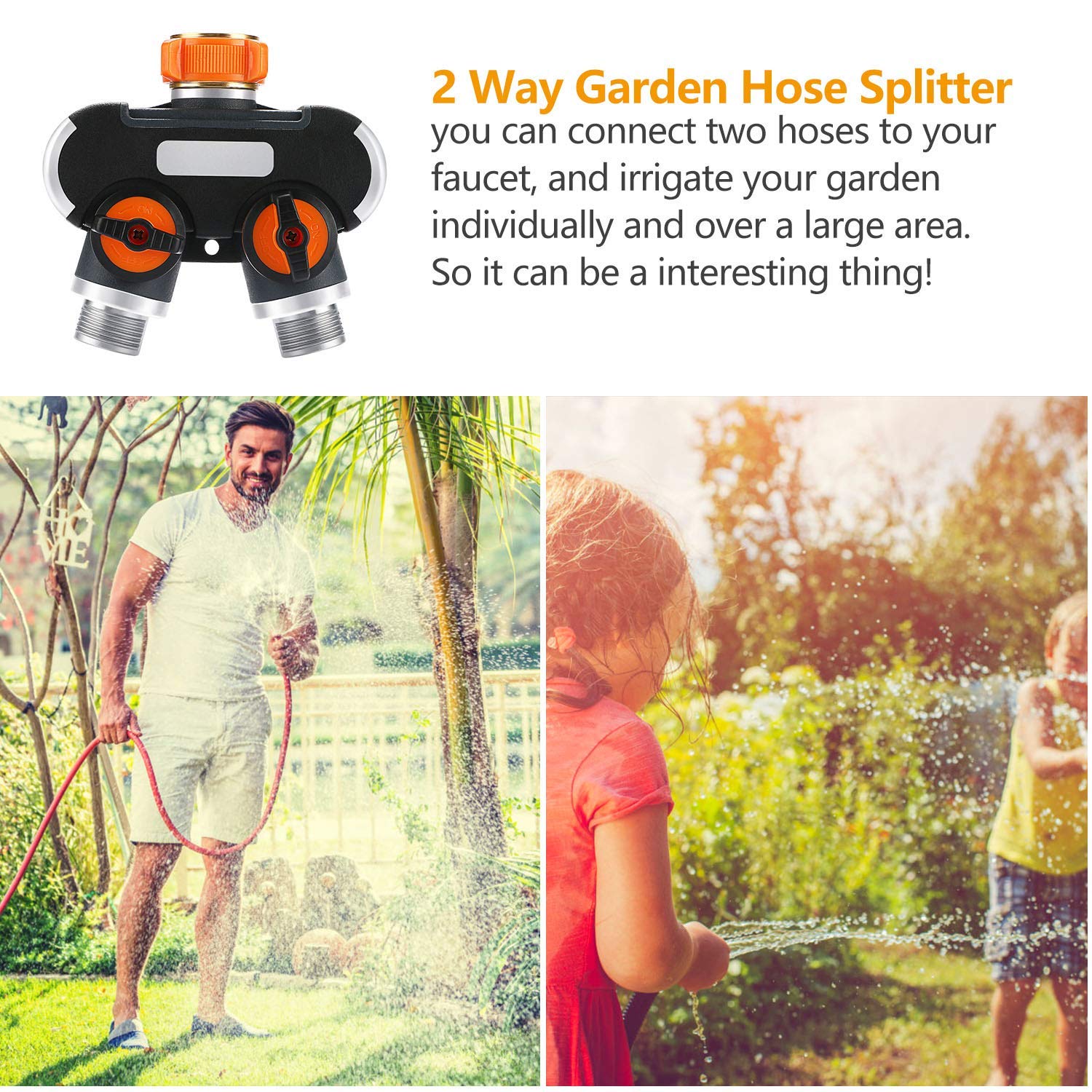 Lxcom 2-Way Garden Hose Splitter Adapter - Durable Y Connector with Comfortable Rubberized Grip & 4 Rubber Washers - Perfect for Lawn Watering, Car Washing & Outdoor Cleaning