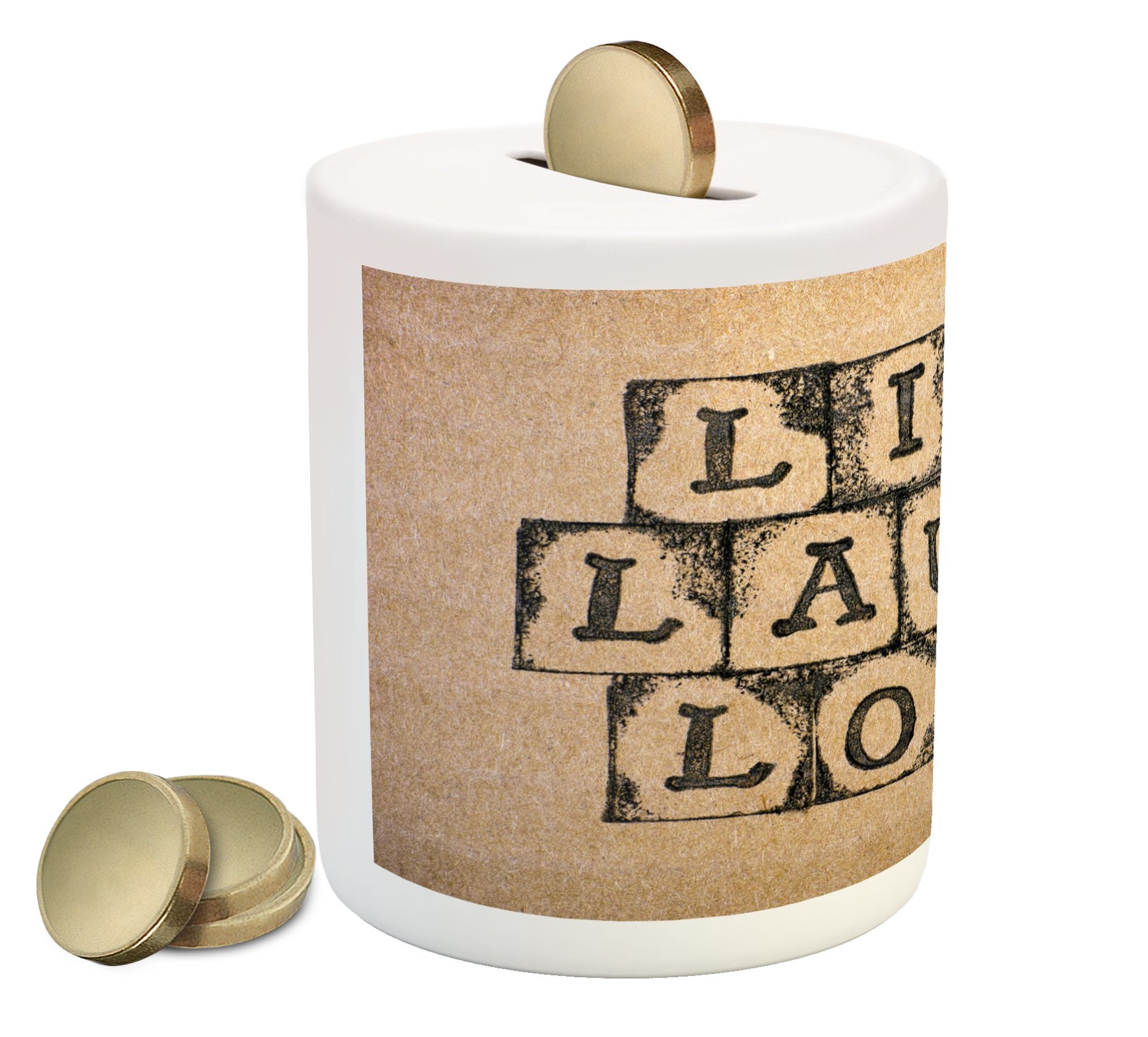 Ambesonne Vintage Ceramic Piggy Bank with Live Laugh Love & Alphabet Print - Black & Pale Brown Coin Bank for Cash Savings | Perfect for Home Decor, Gift Giving & Teaching Kids Money Management