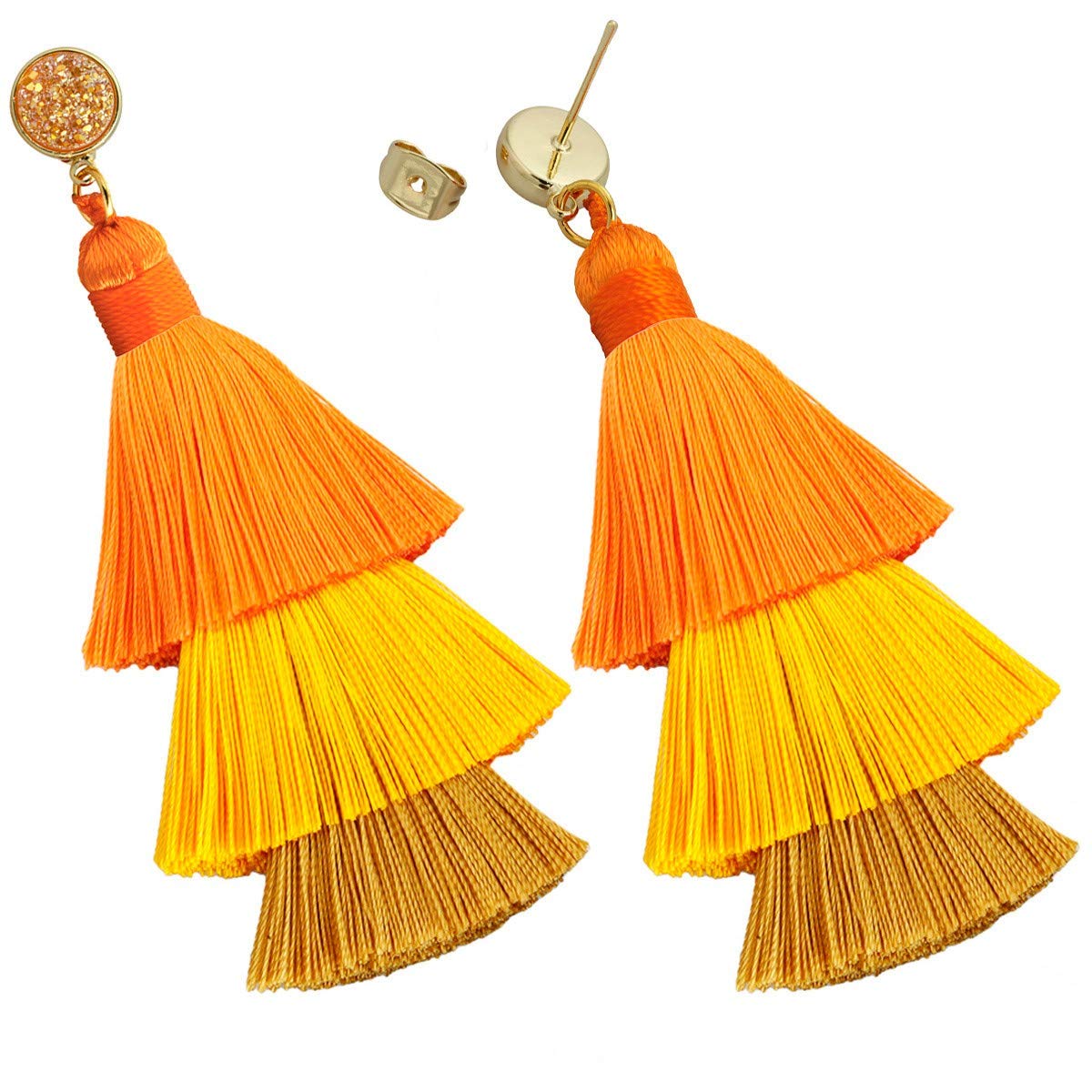 Nupuyai 2 Pairs Bohemian Layered Tassel Earrings for Women - 3 Tier Dangle Drop Earrings Set with Druzy Studs in Purple & Orange | Perfect for Festival, Party & Boho Fashion Accessories