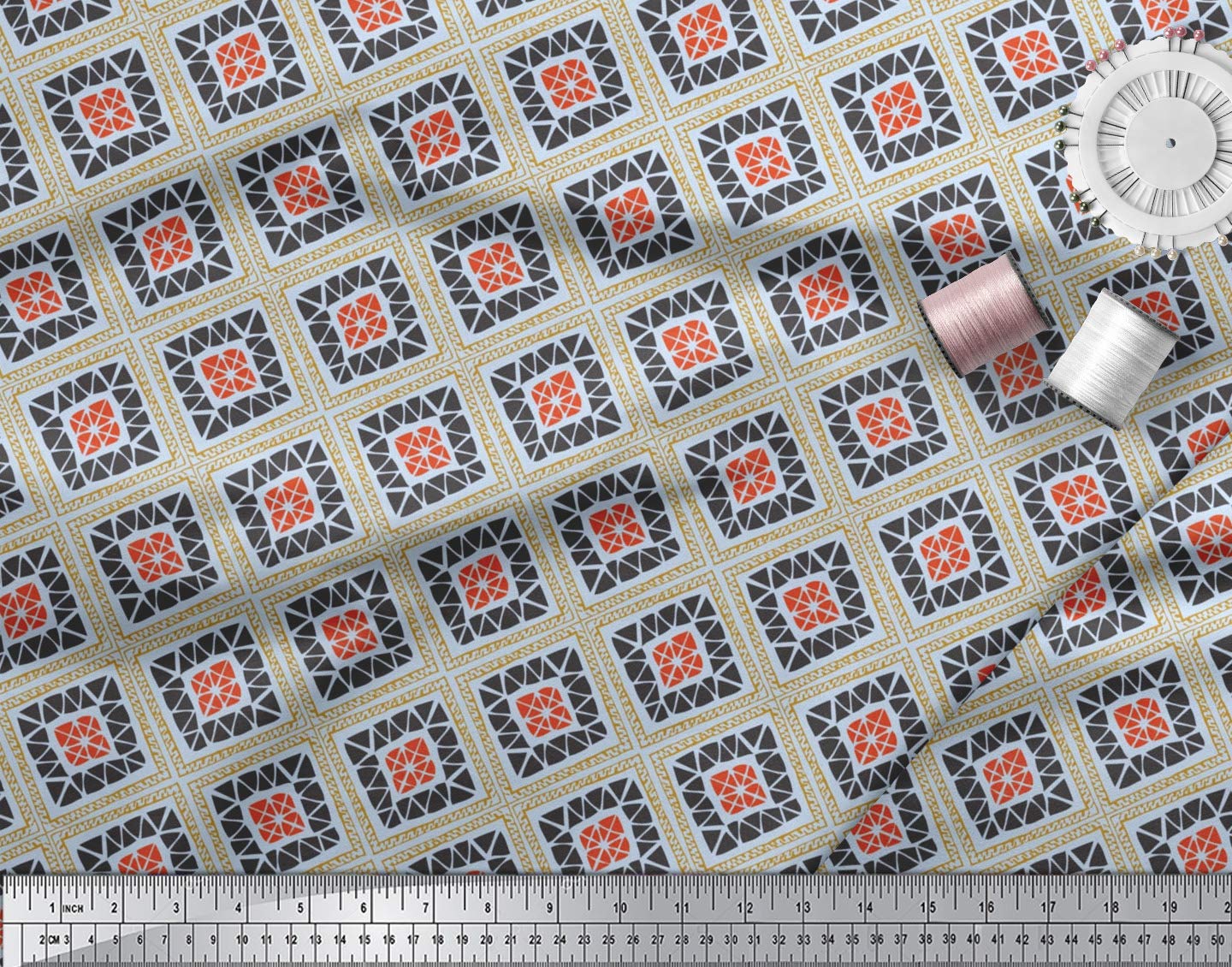 Soimoi Moss Georgette Blue Fabric by The Yard - 42 Inch Wide Geometric Printed Fabric for Dresses, Scarves & Home Decor | Square & Triangle Pattern Fashion Material