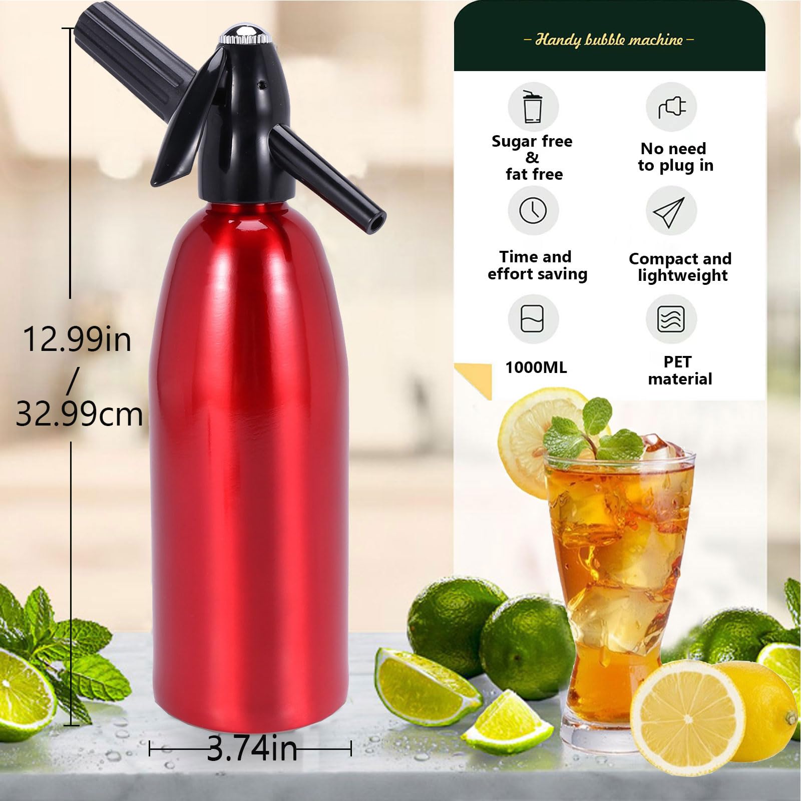 Portable Soda Siphon Sparkling Water Maker Machine - 1L Carbonated Water Dispenser for Homemade Fresh Soda & Fizzy Drinks | Perfect for Home, Office & Parties | CO2 Cylinder Not Included