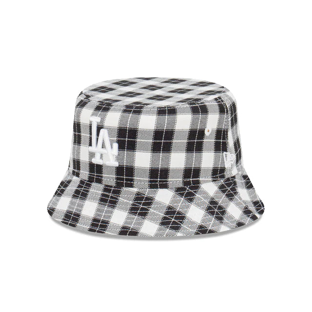 New Era LA Dodgers Plaid Black & White Bucket Hat for Men & Women - Adjustable Snapback Sun Hat for Baseball Games, Beach & Outdoor Activities