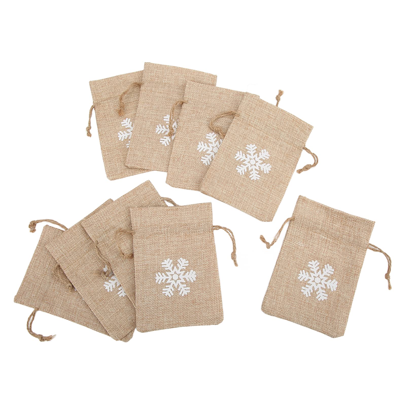 4.1 x 5.9 Inch Reusable Burlap Drawstring Gift Bags with White Snowflake Print - 9 Pack for Christmas Presents, Party Favors & Wedding Decorations