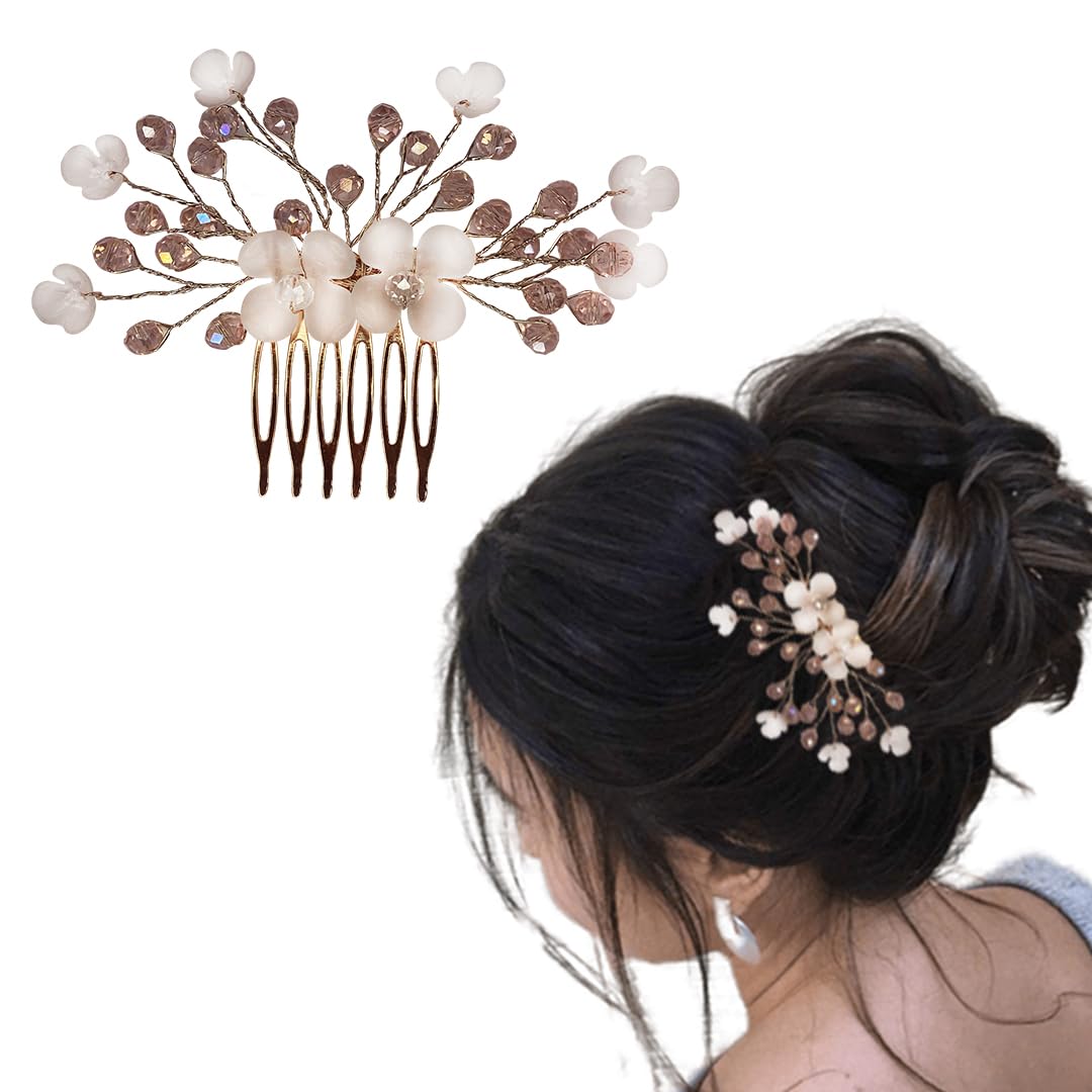 TEMPERIA Women's Hair Accessories - Elegant Artificial Flower & Crystal Pearl Bun Juda Bridal Brooch for Hairstyling & Decoration - Bridal Hair Pins & Clips (Pink & White) - Perfect for Weddings, Proms & Special Occasions