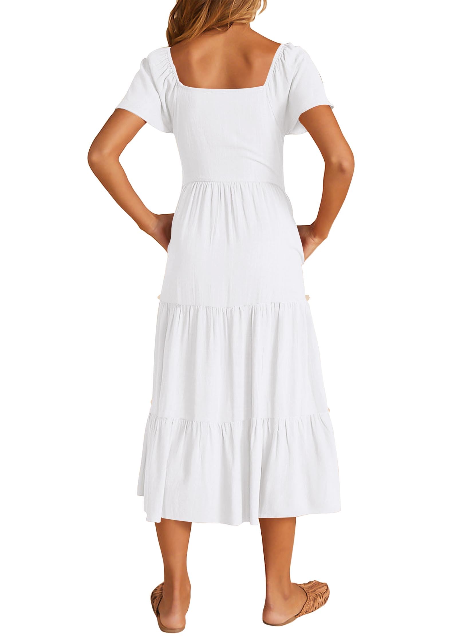 KIRUNDO Women's 2025 Spring Summer Casual Linen Short Sleeve Midi Dress - Button V-Neck Tiered Sundress with Pockets | Beach Vacation, Garden Party & Everyday Wear