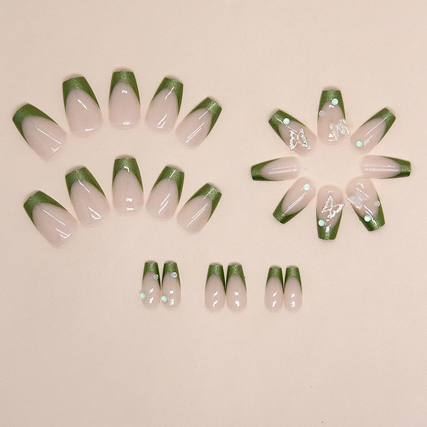 French Tip Press On Nails - Medium Length Ballet Shaped Green Acrylic False Nails 24 Pcs Kit with Nail File & Wooden Stick - Perfect for Parties, Weddings, and Everyday Wear