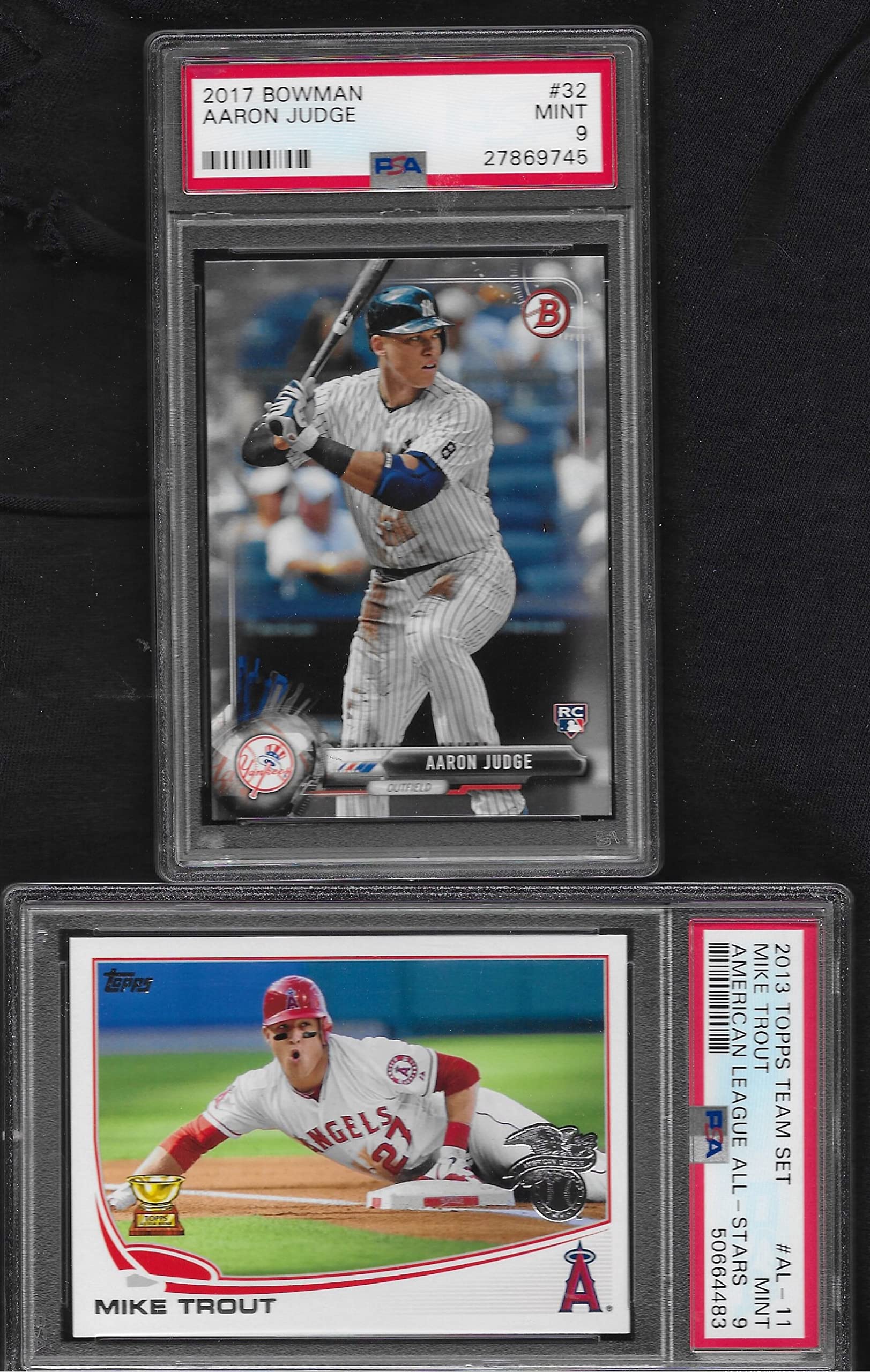 2013 Topps All-Star Gold Rookie Cup & 2017 Bowman #32 PSA Mint 9 Graded Baseball Cards - Mike Trout & Aaron Judge Rookie Lot | MLB Superstar MVP Players Collection for Sports Memorabilia & Investment
