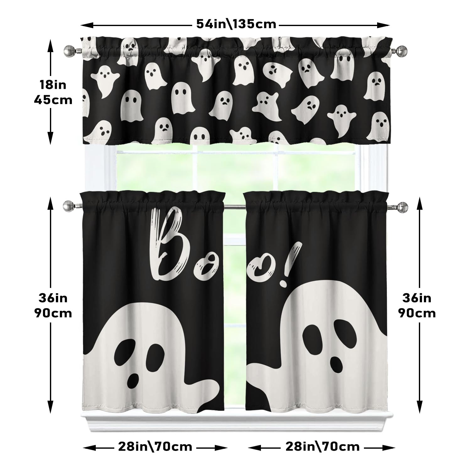 Spooky Halloween Kitchen Curtains 3-Piece Set - Ghost Design for Sink Window Decor