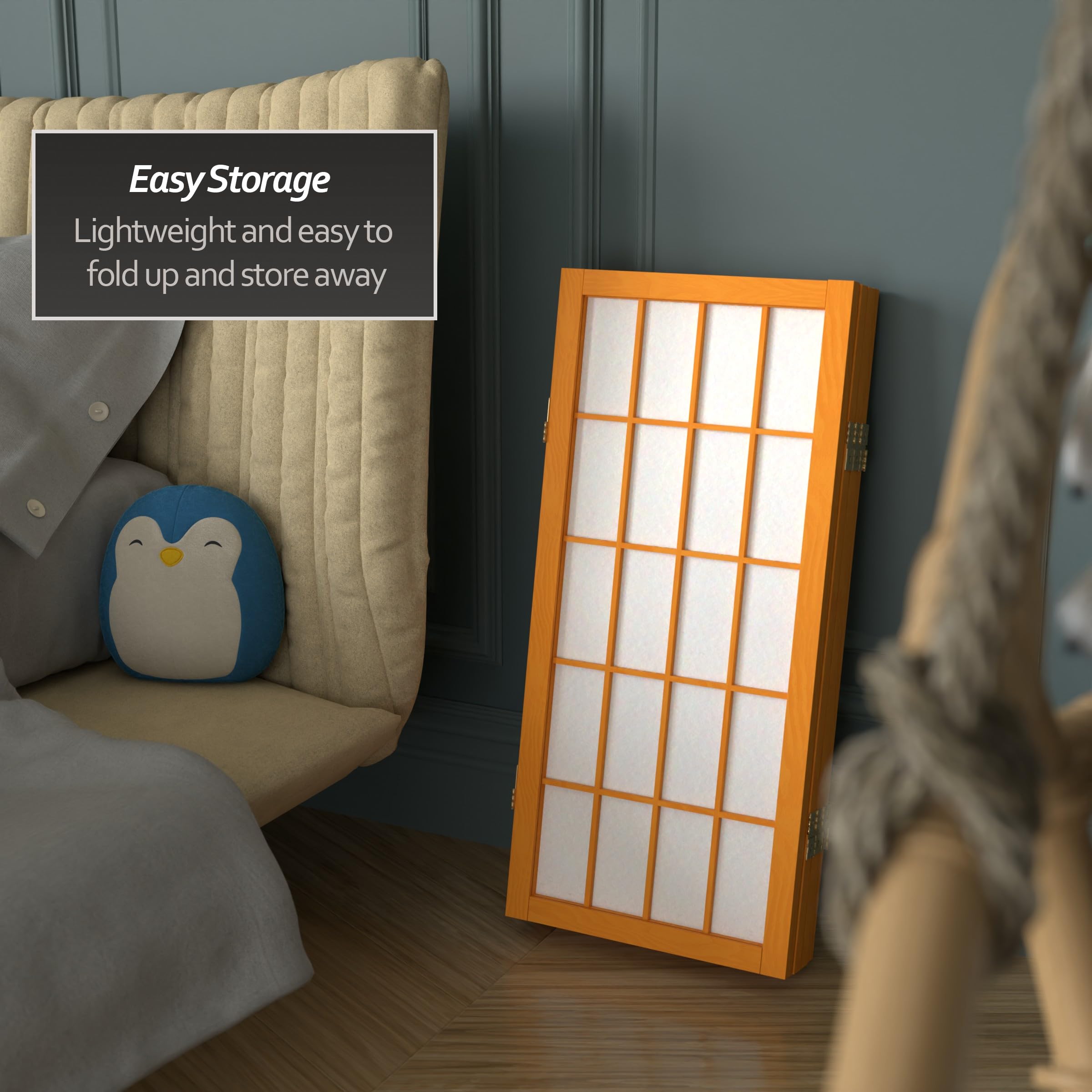 2 ft. Short Honey-Colored Desktop Shoji Screen - 4-Panel Japanese Room Divider - Perfect for Home Office, Meditation Space & Room Partition